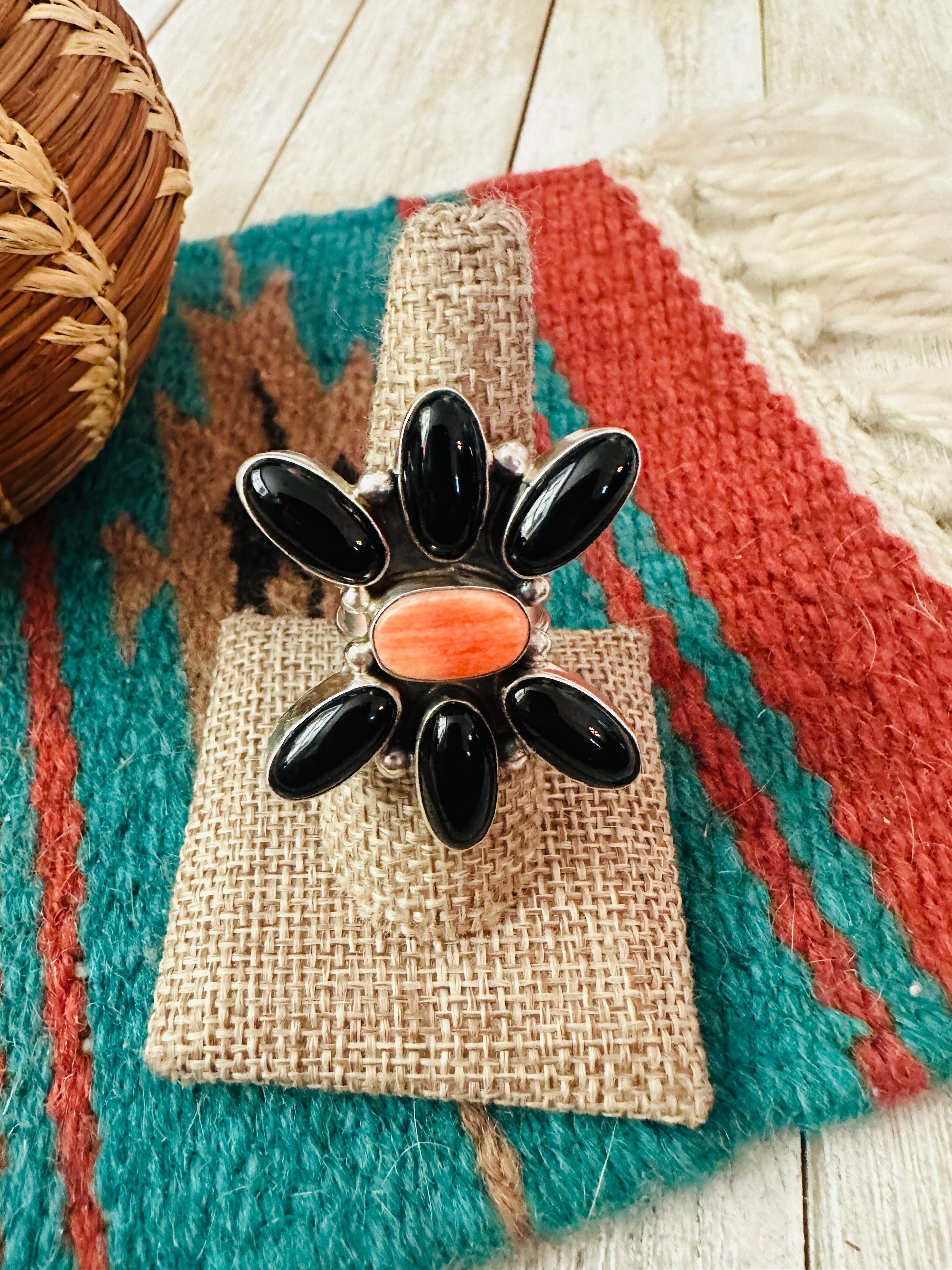 Handcrafted Onyx, Spiny Oyster & Sterling Silver Adjustable Ring by Jacqueline Silver