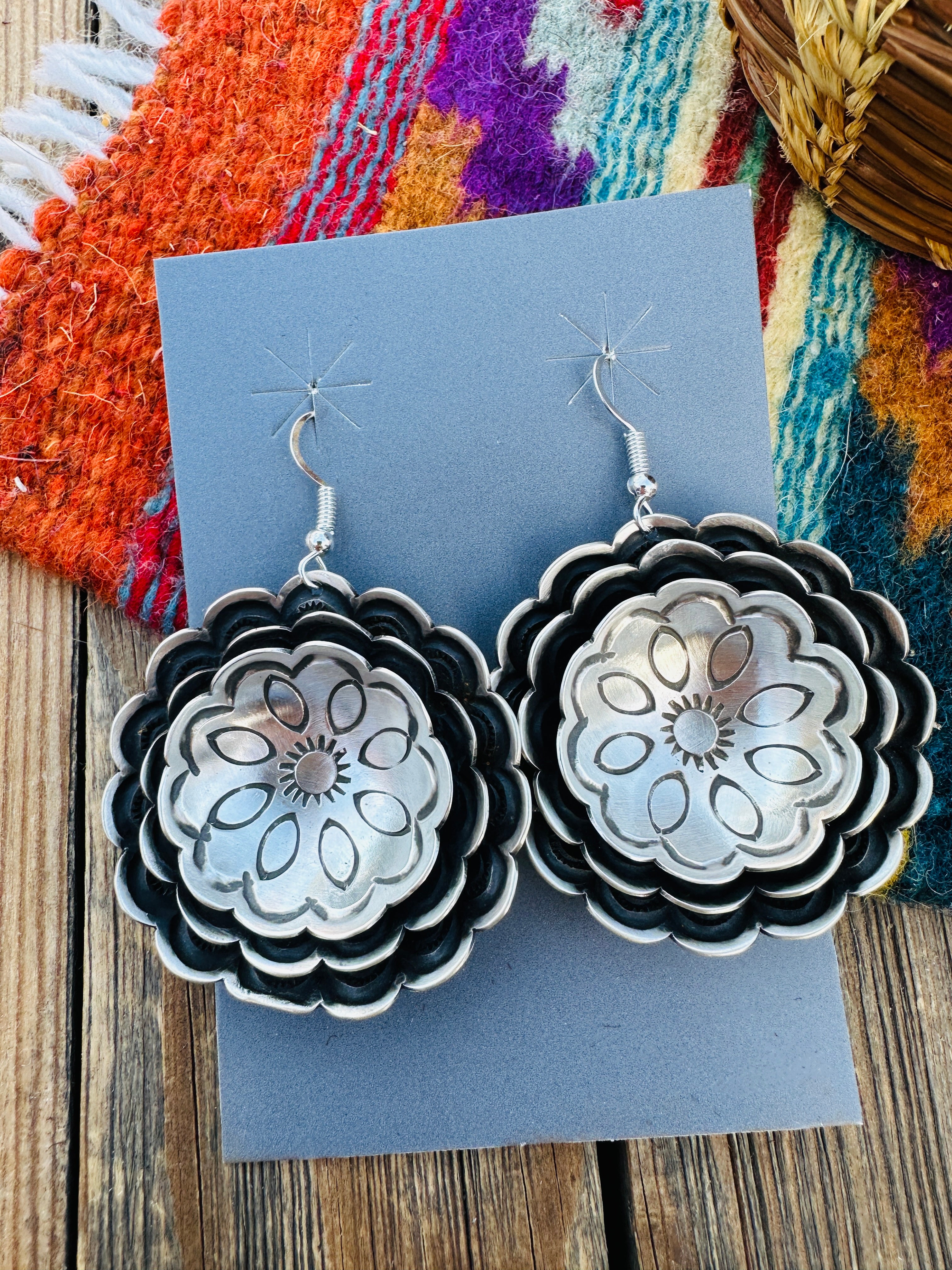 Handcrafted Sterling Silver Concho Dangle Earrings by Leander Tahe