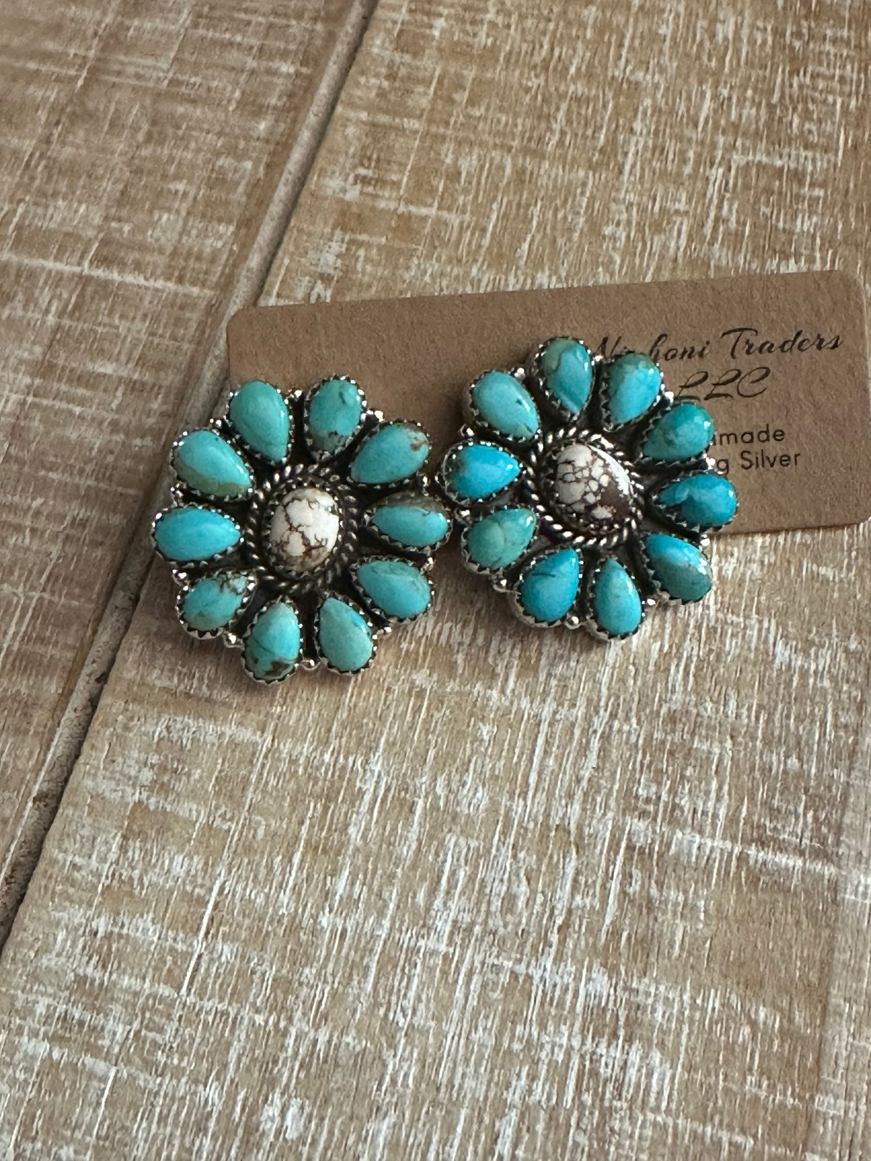 Handmade Turquoise, Wild Horse & Sterling Silver Cluster Post Earrings Signed Nizhoni