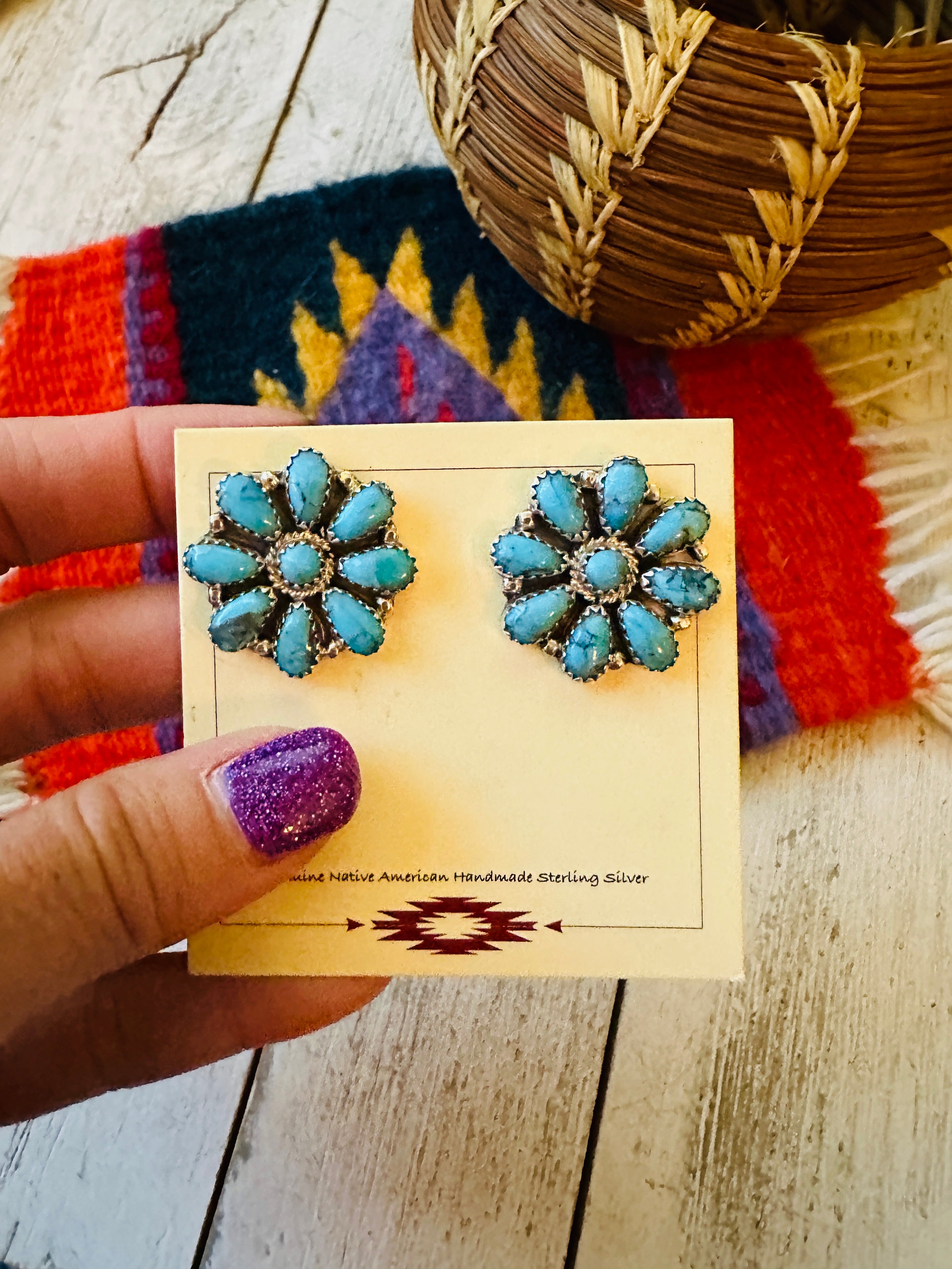 Navajo Sterling Silver & Turquoise Cluster Stud Earrings