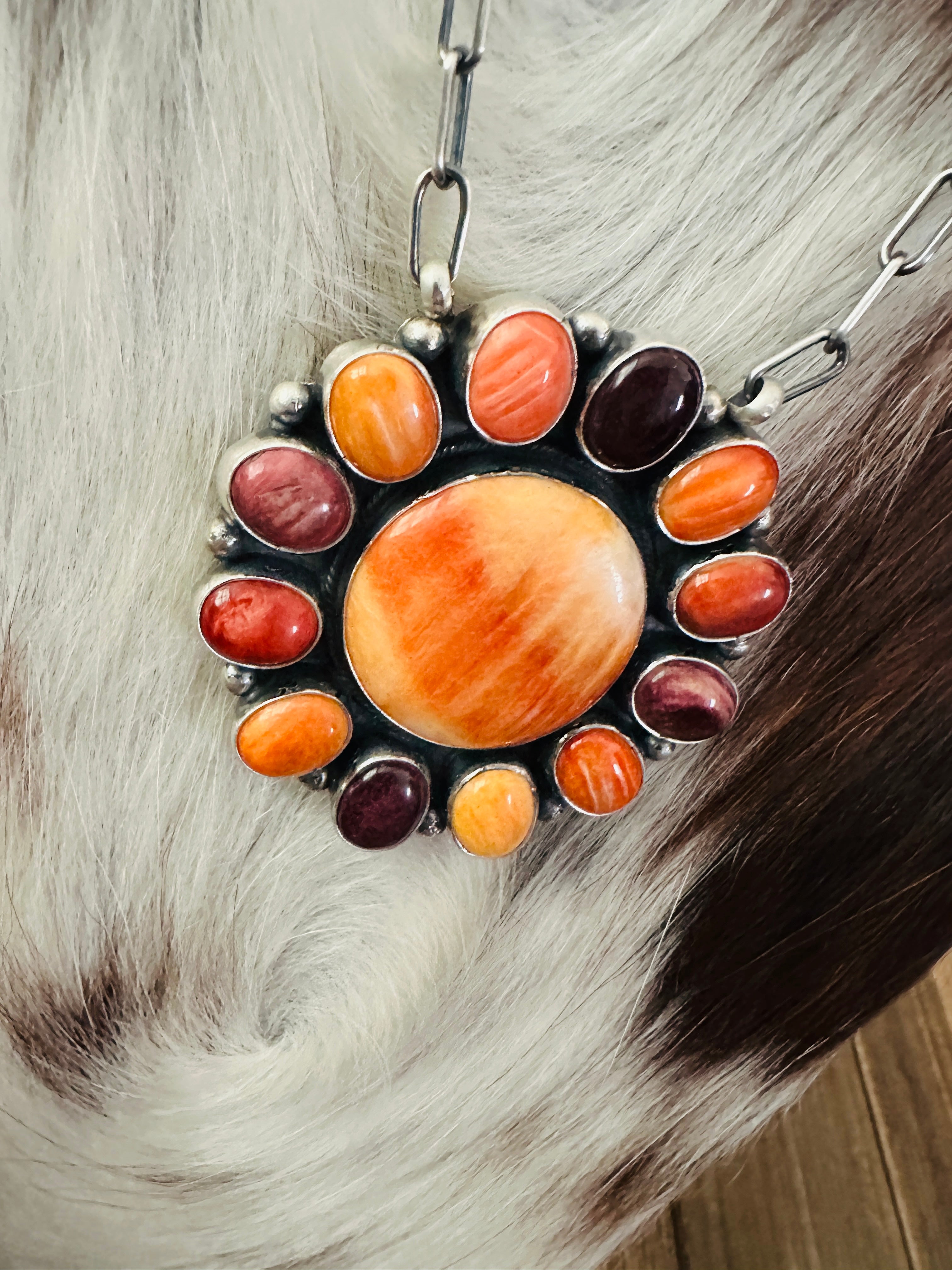 Handcrafted Multicolor Spiny Oyster & Sterling Silver Cluster Necklace by Sheila Becenti