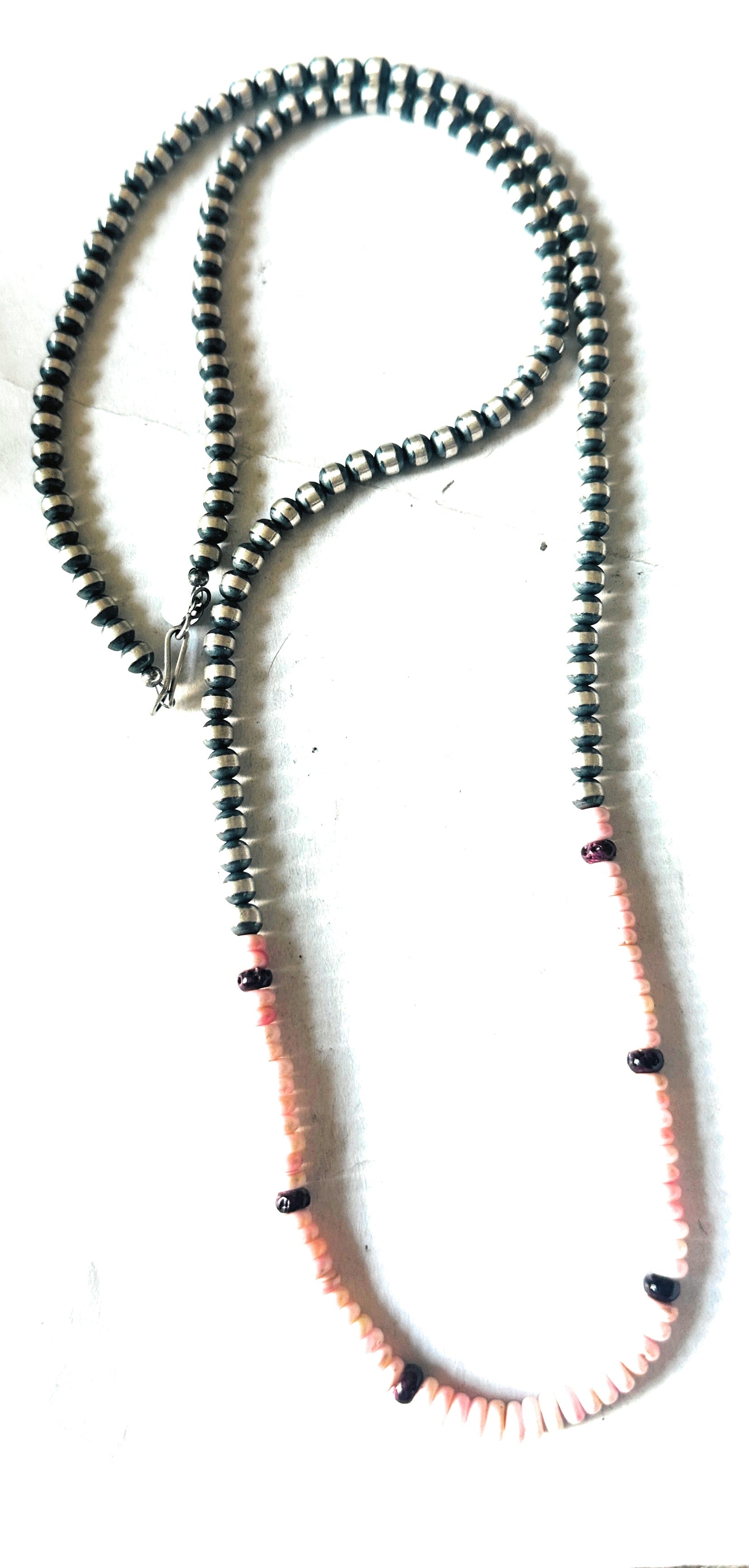 Navajo Sterling Silver Pearl, Queen Pink Conch & Spiny Beaded 30” Necklace