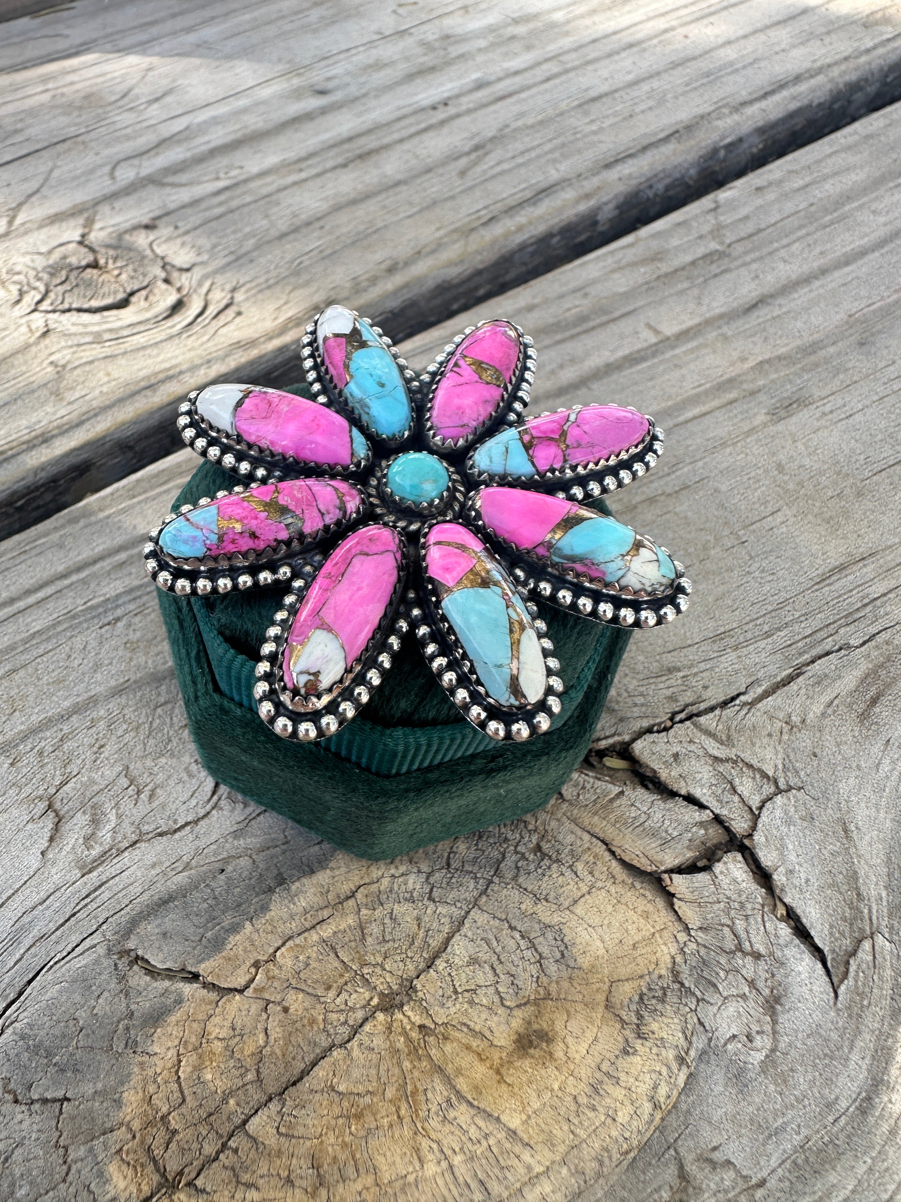 Handmade Cotton Candy Sterling Adjustable Flower Ring BIGGER STYLE