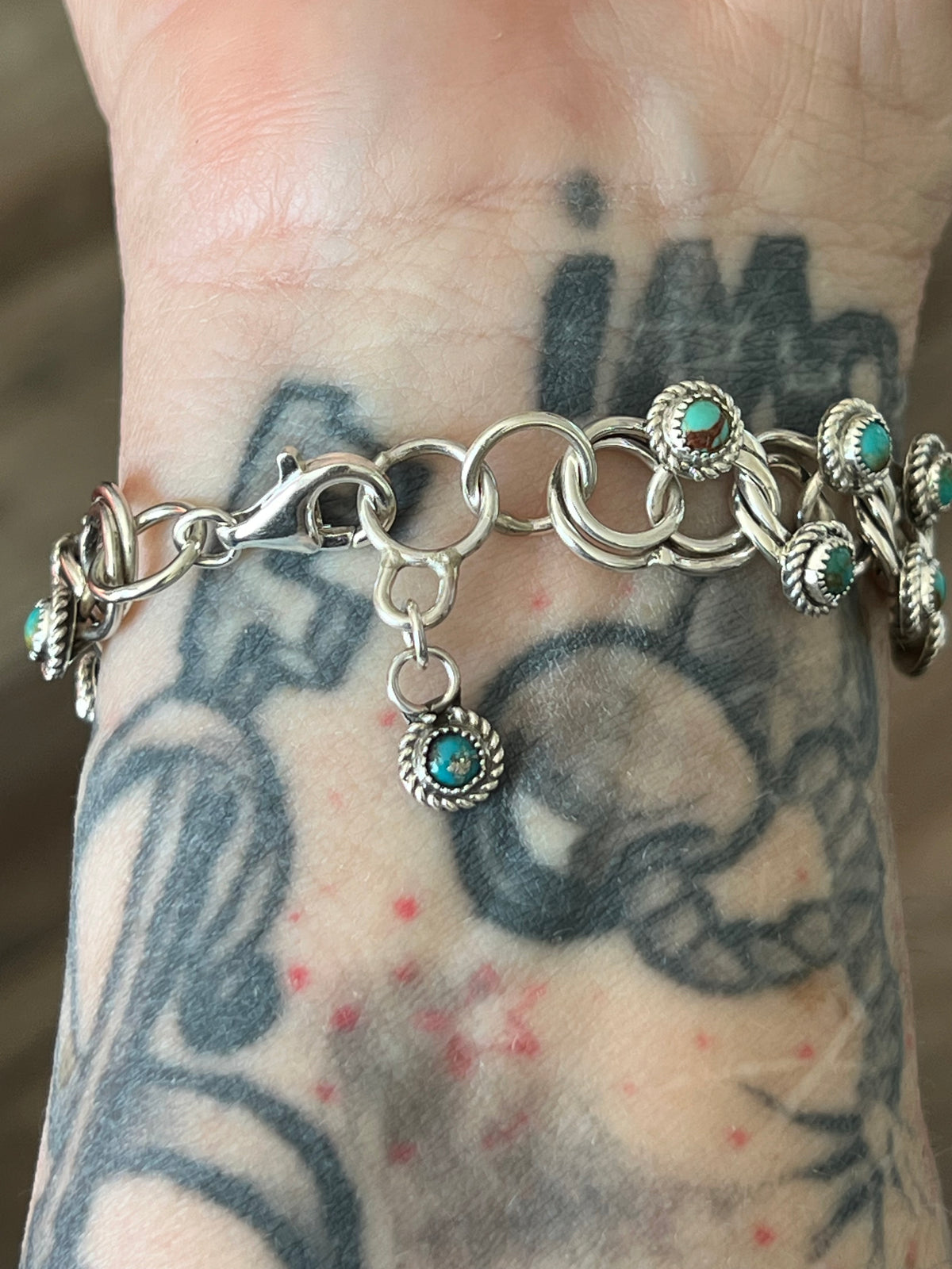 Handcrafted Sterling and Snake Eye Turquoise Link Necklace, Bracelet & Earrings by Dillon Cheama