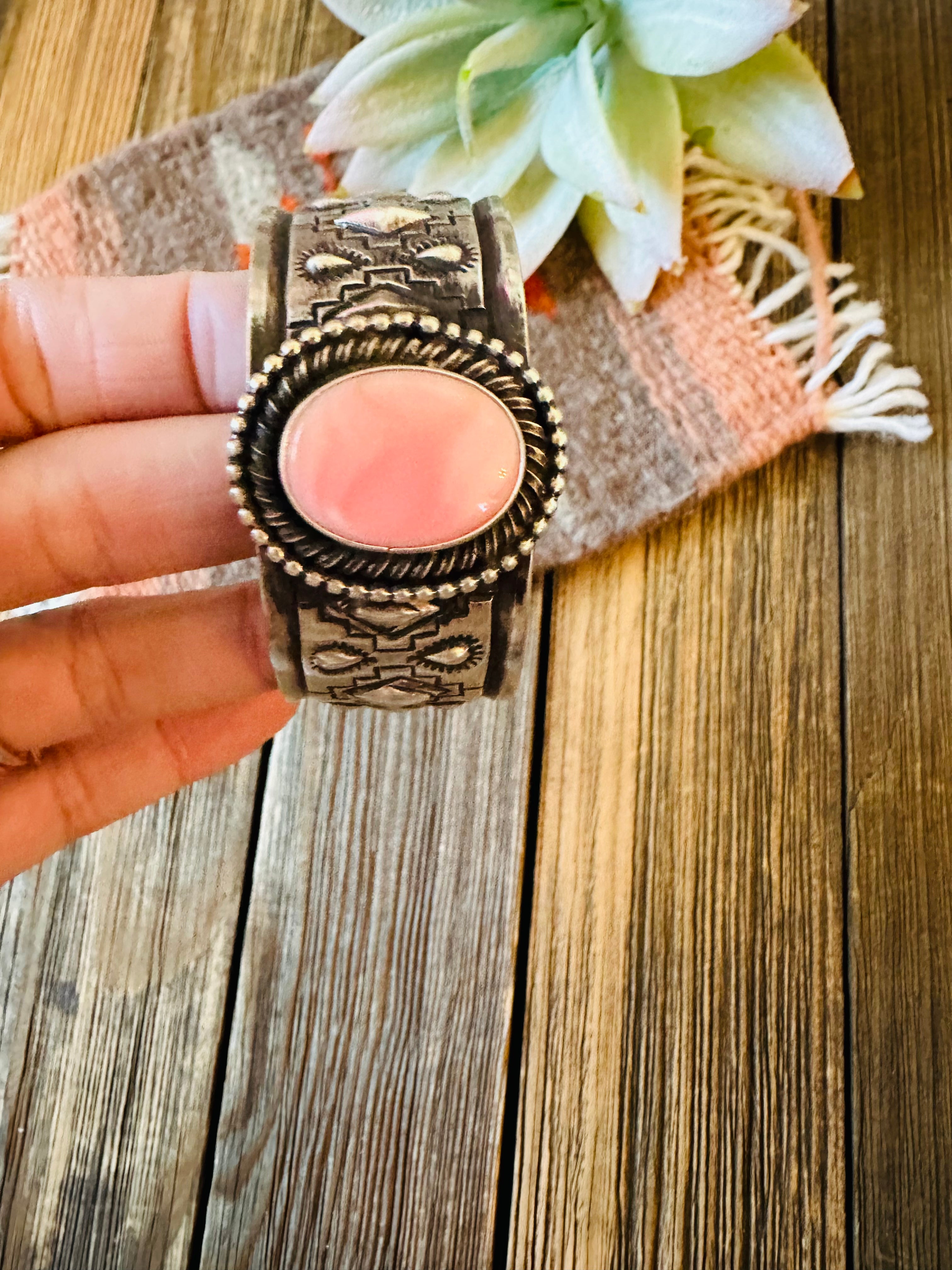 Navajo Queen Pink Conch Shell & Sterling Silver Cuff Bracelet