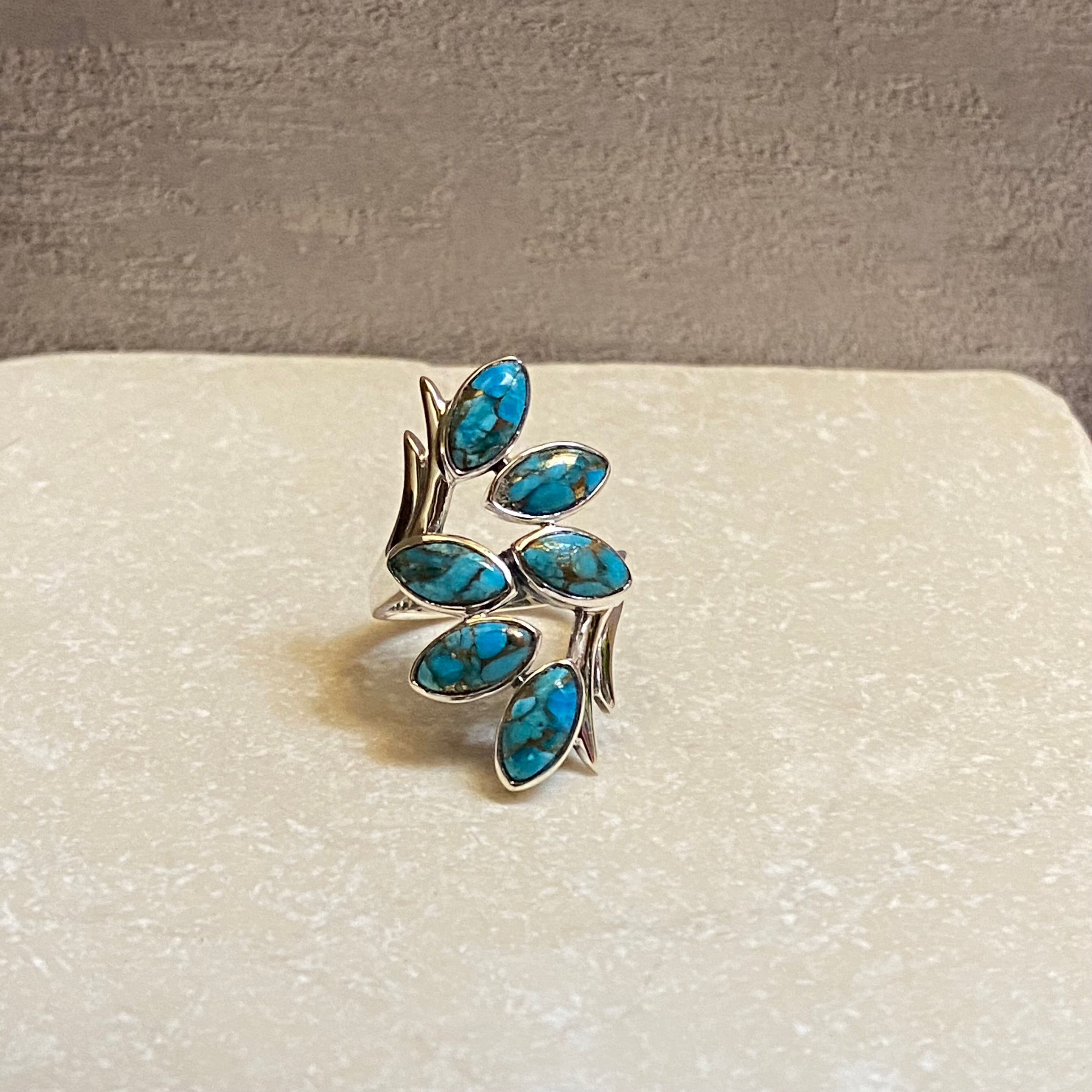 Sterling Silver Six Leaf Copper Turquoise Ring Size 5.5