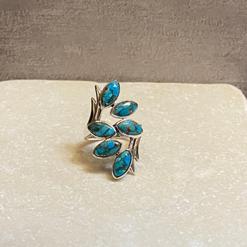 Sterling Silver Six Leaf Copper Turquoise Ring Size 5.5