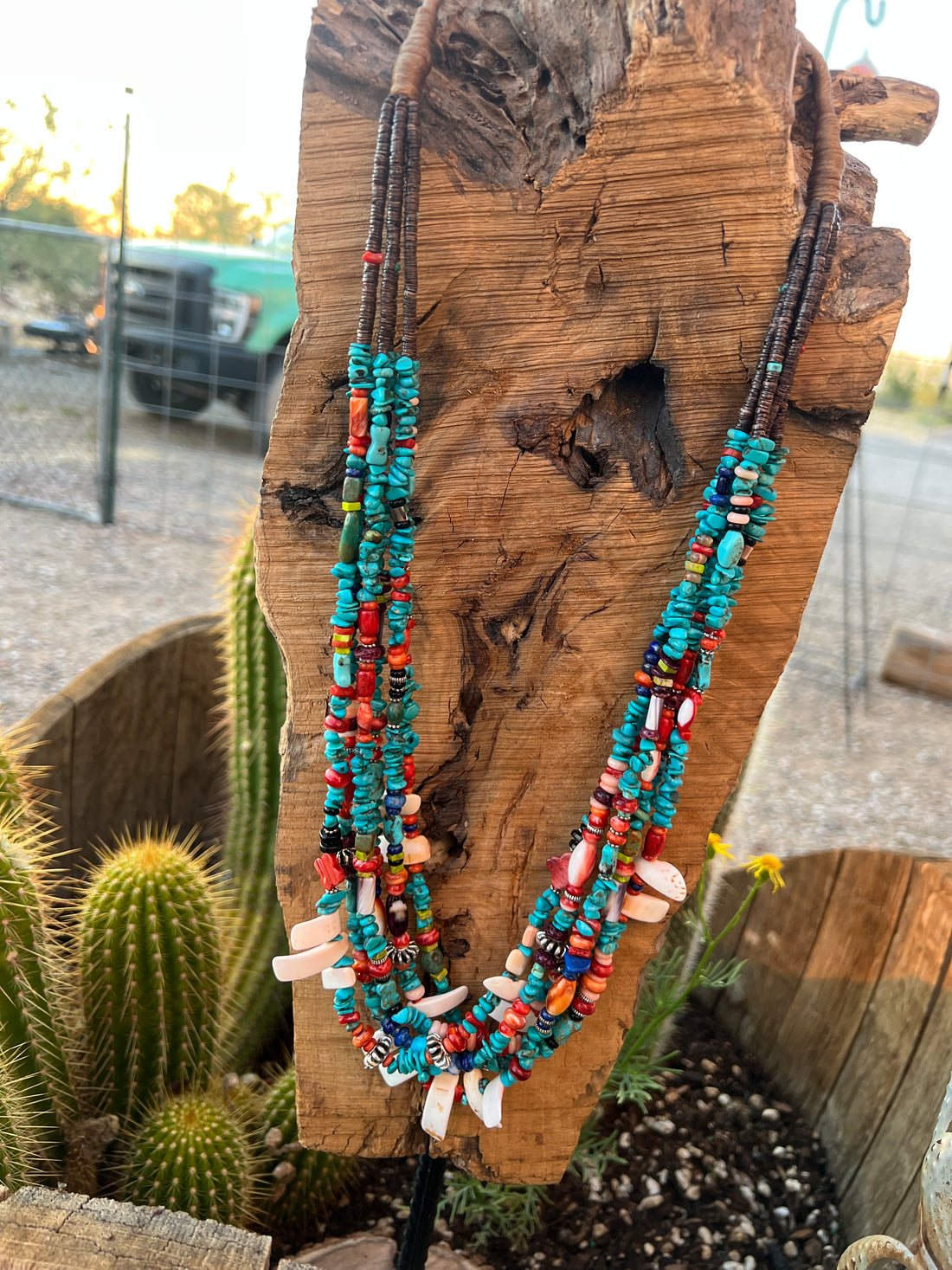 Gorgeous Santo Domingo Made Six Strand Turquoise and Spiny Oyster Beaded Squaw Wrap Necklace, Blue