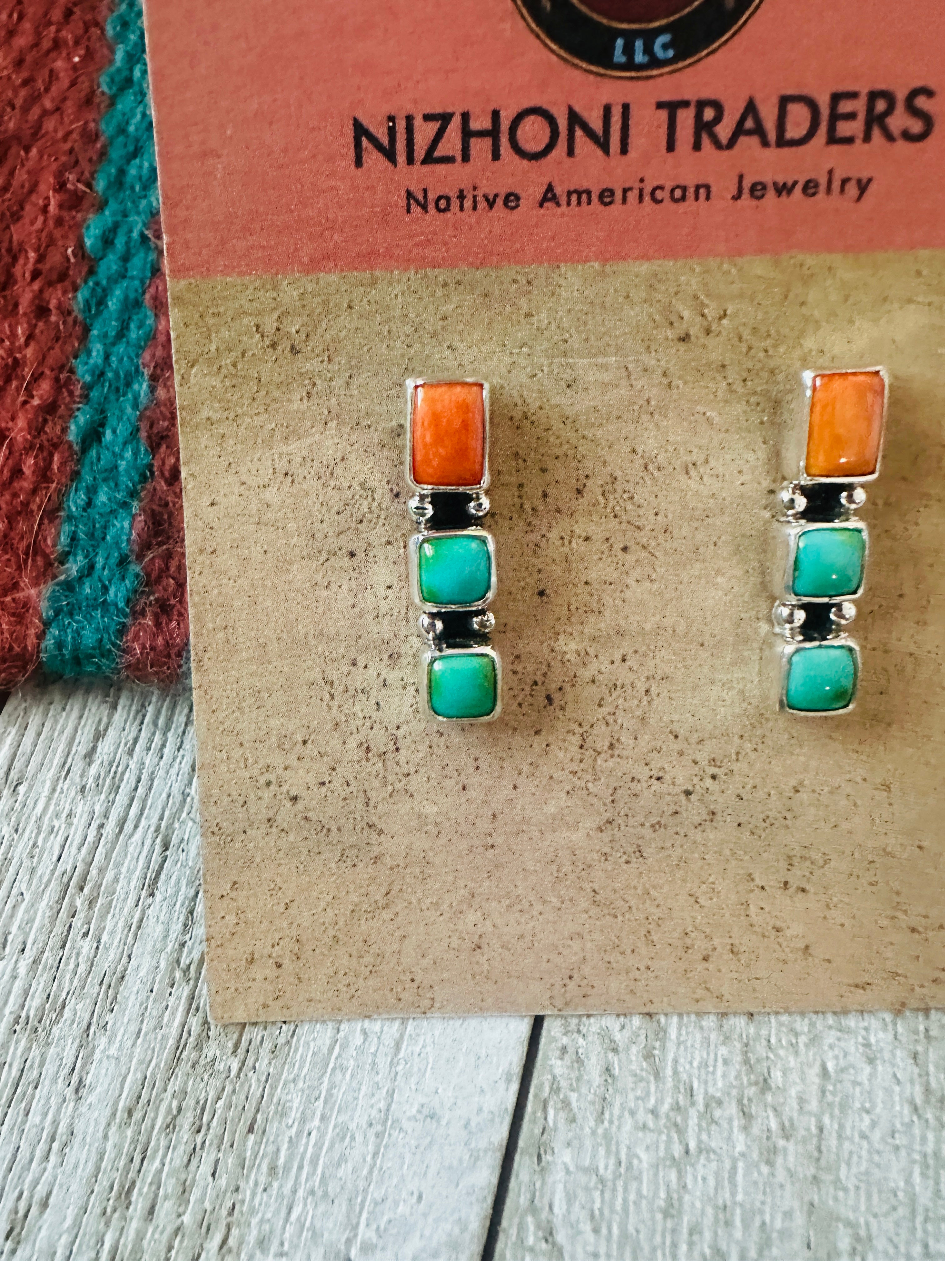 Handcrafted Sterling Silver, Spiny Oyster & Turquoise Post Earrings