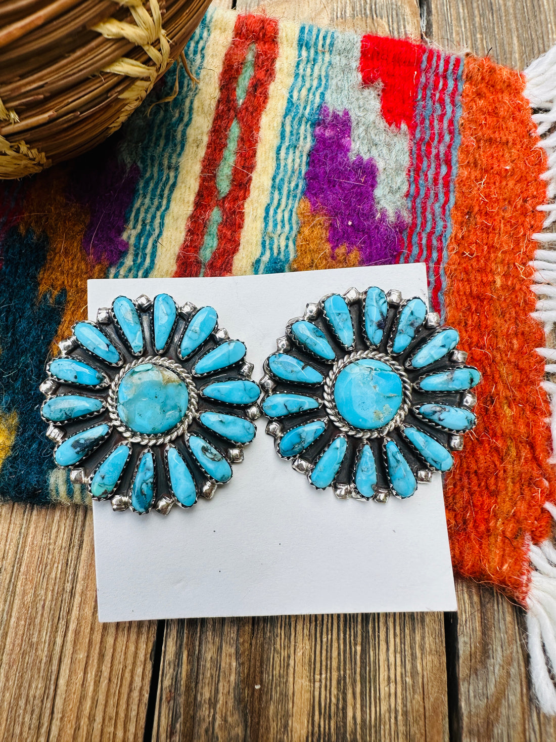 Handcrafted Kingman Turquoise & Sterling Silver Cluster Post Earrings