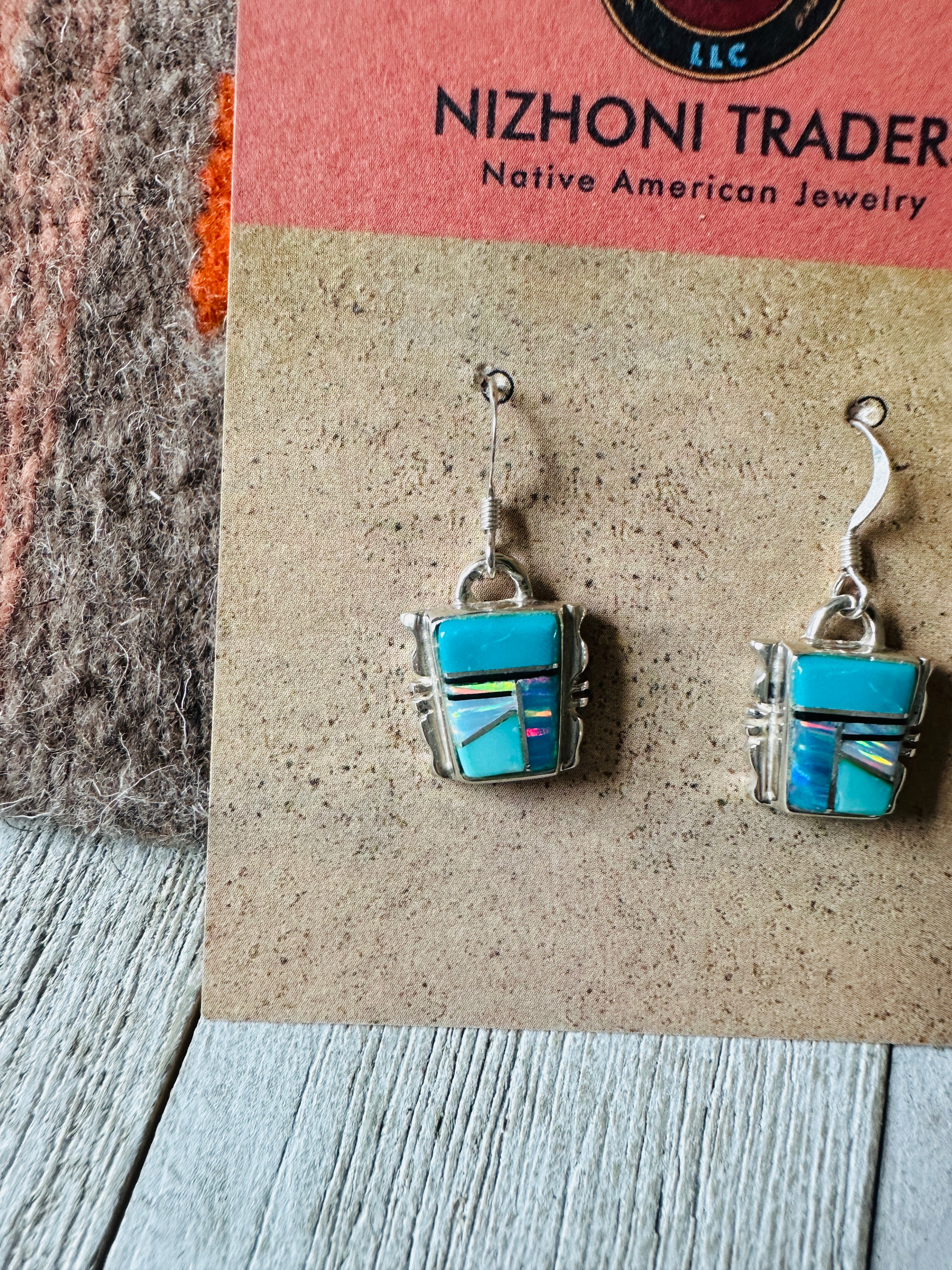 Navajo Sterling Silver & Multi Stone Inlay Dangle Earrings