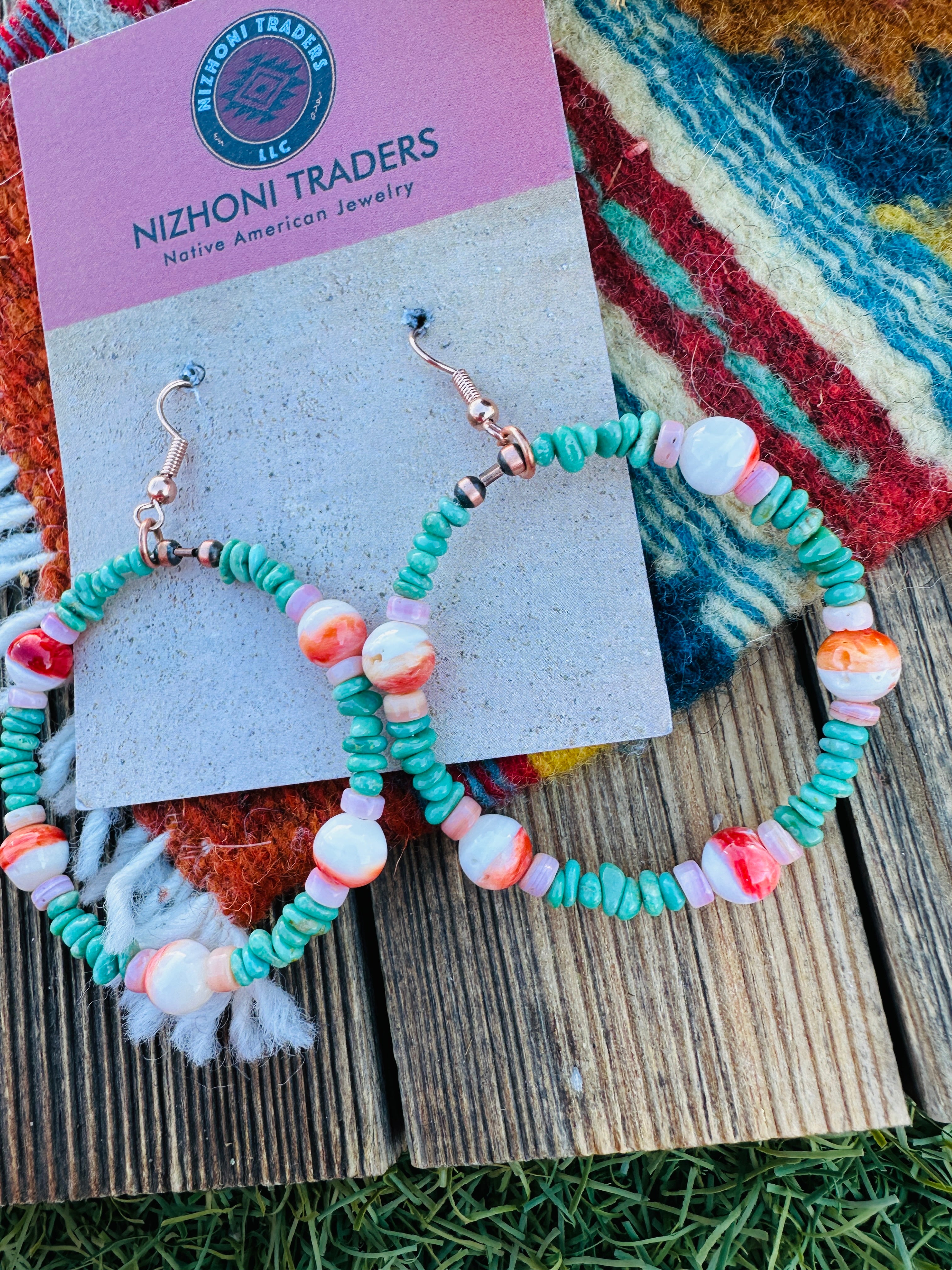Handcrafted Queen Pink Conch, Turquoise & Copper Beaded Dangle Hoop Earrings