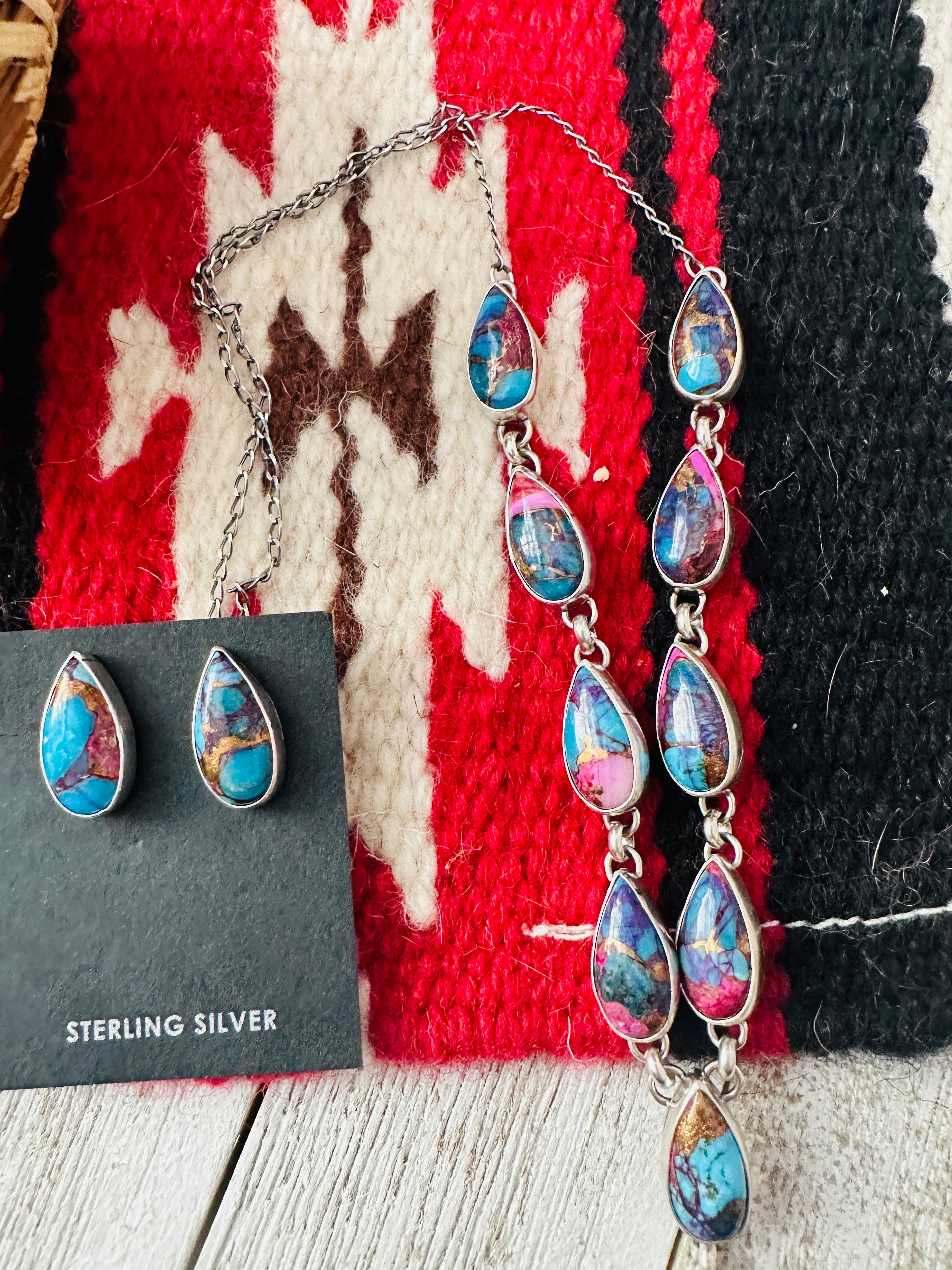 Navajo Sterling Silver & Pink Dream Mojave Lariat Necklace Set