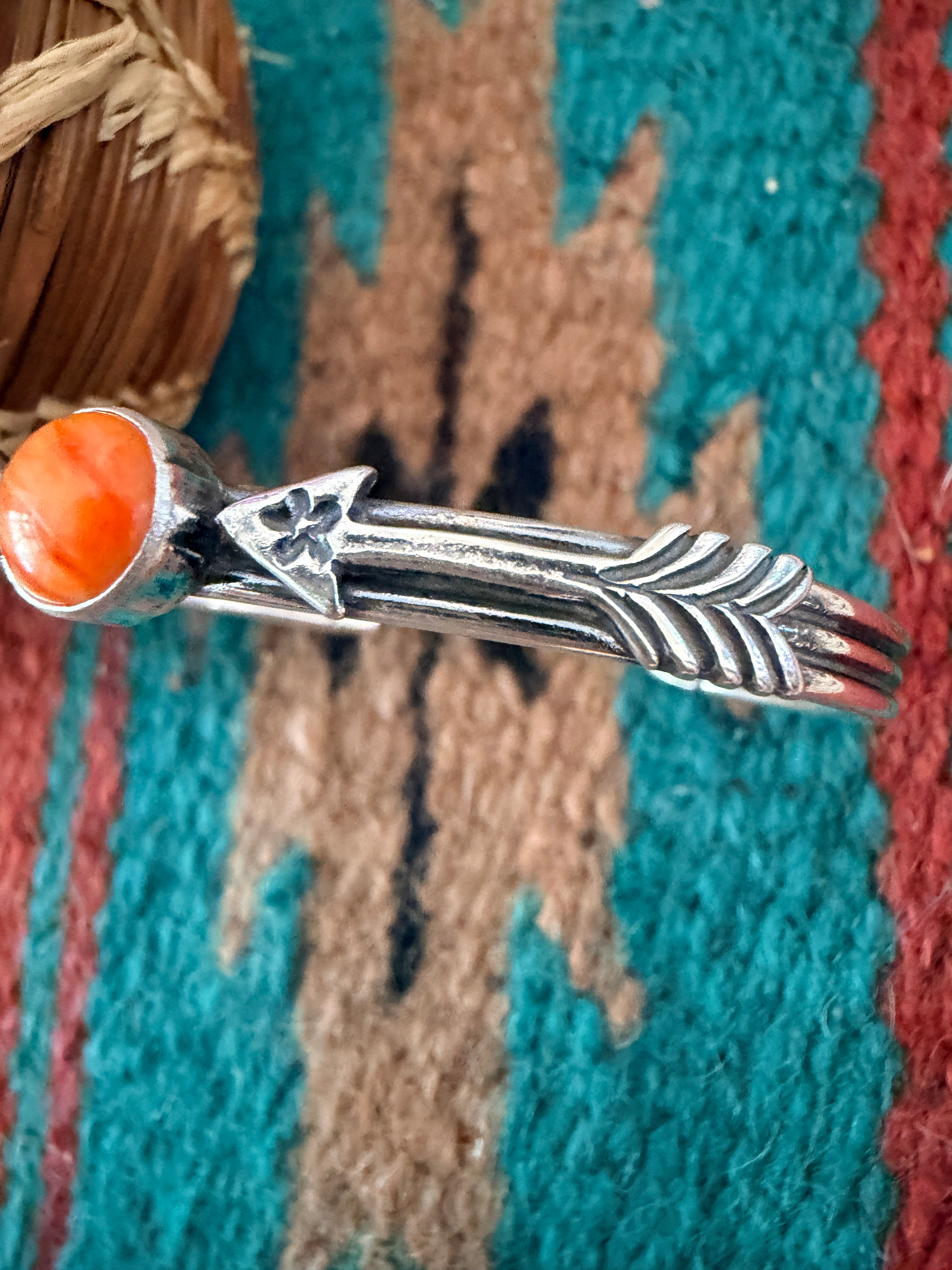 Handcrafted Sterling Silver & Orange Spiny Oyster Arrow Cuff Bracelet