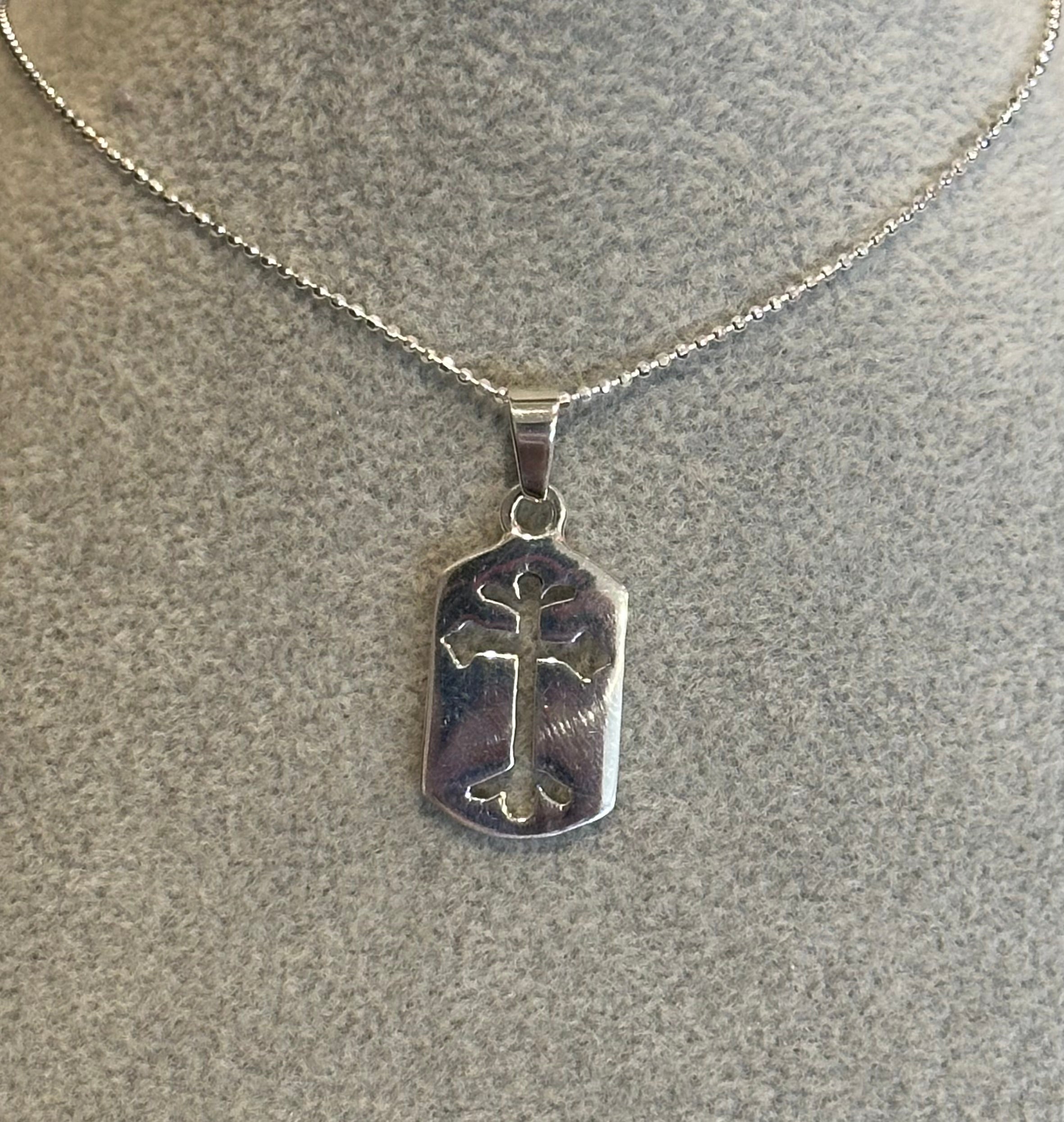 Dog Tag Sterling Silver Cross Pendant Necklace