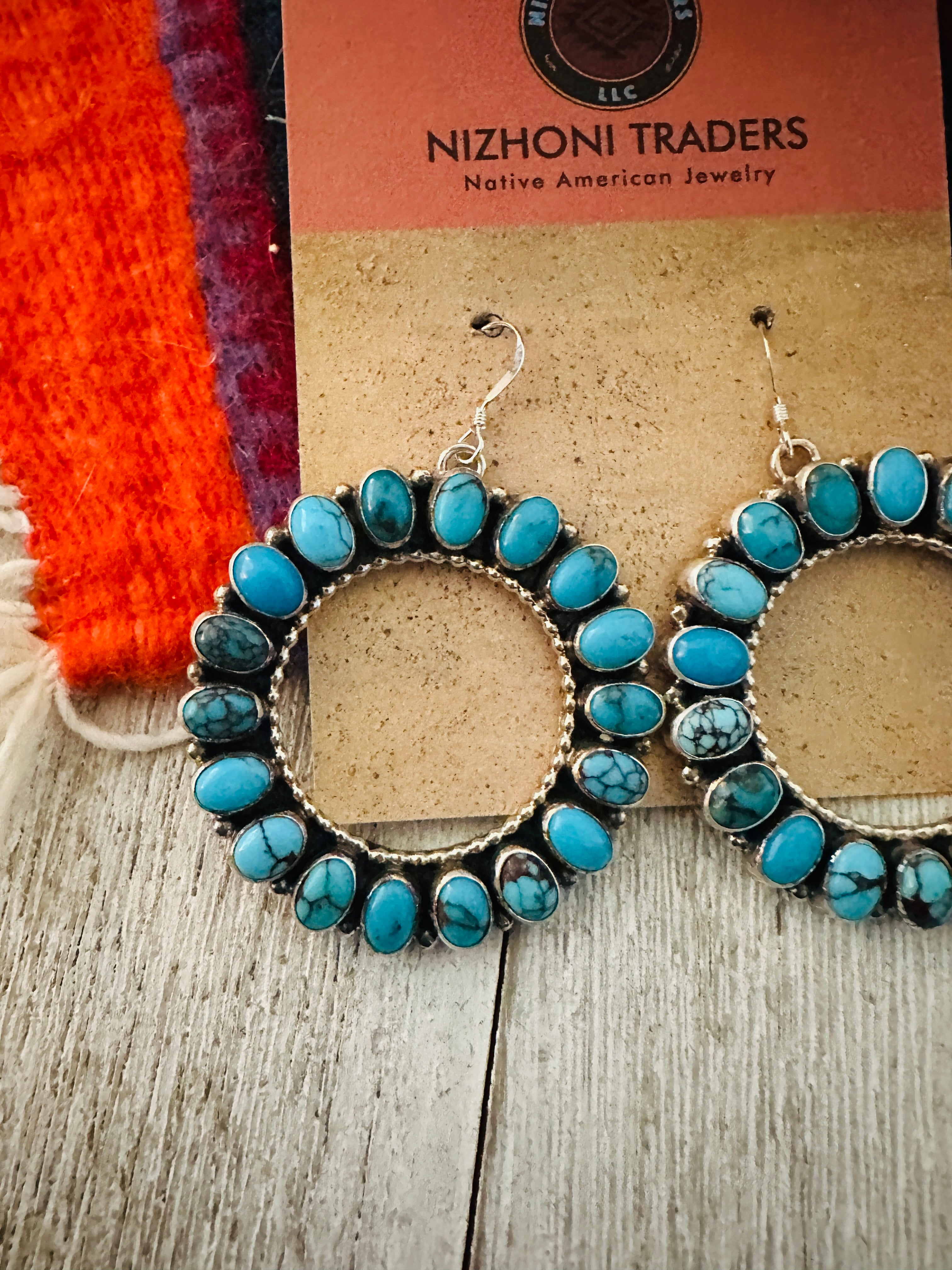 Navajo Sterling Silver & Turquoise Cluster Dangle Hoop Earrings