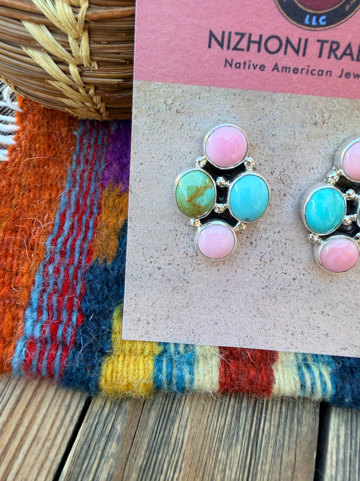Handcrafted Sterling Silver, Turquoise & Queen Pink Conch Cluster Post Earrings