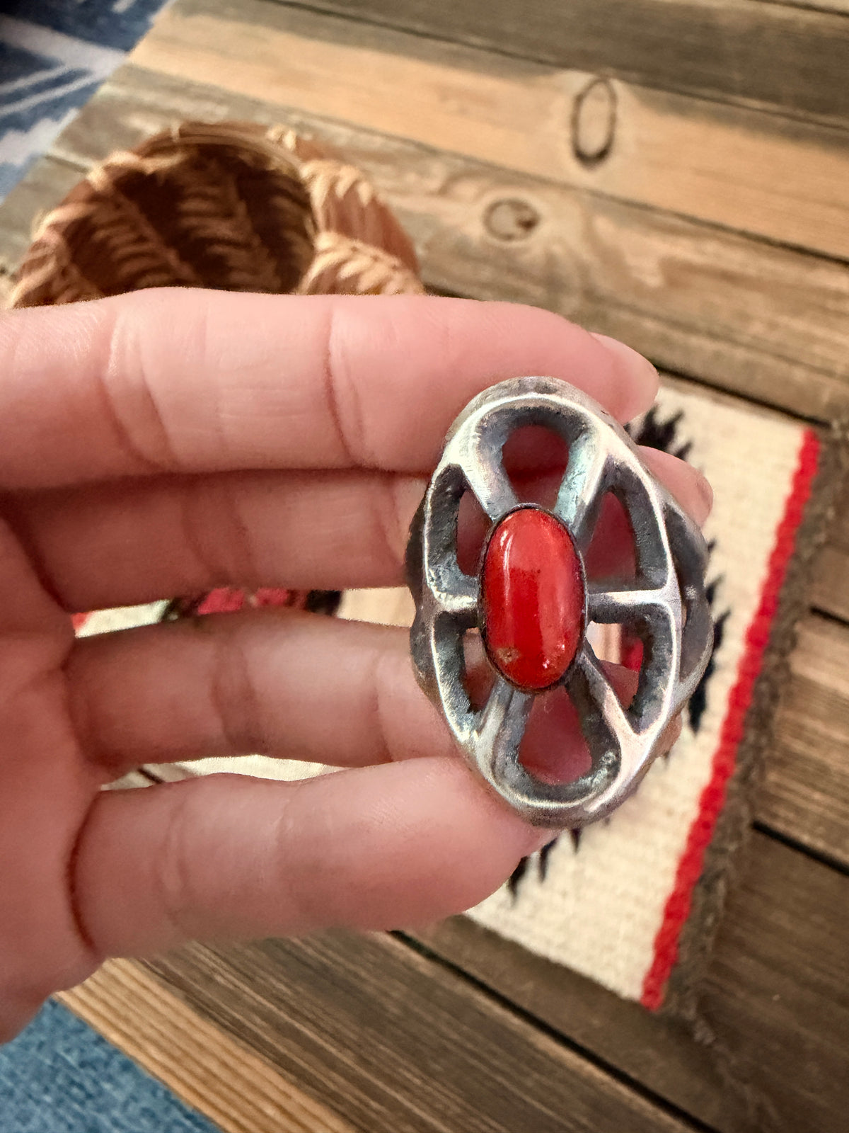 Handcrafted Coral and Sterling Silver Ring size 11 by Chimney Butte