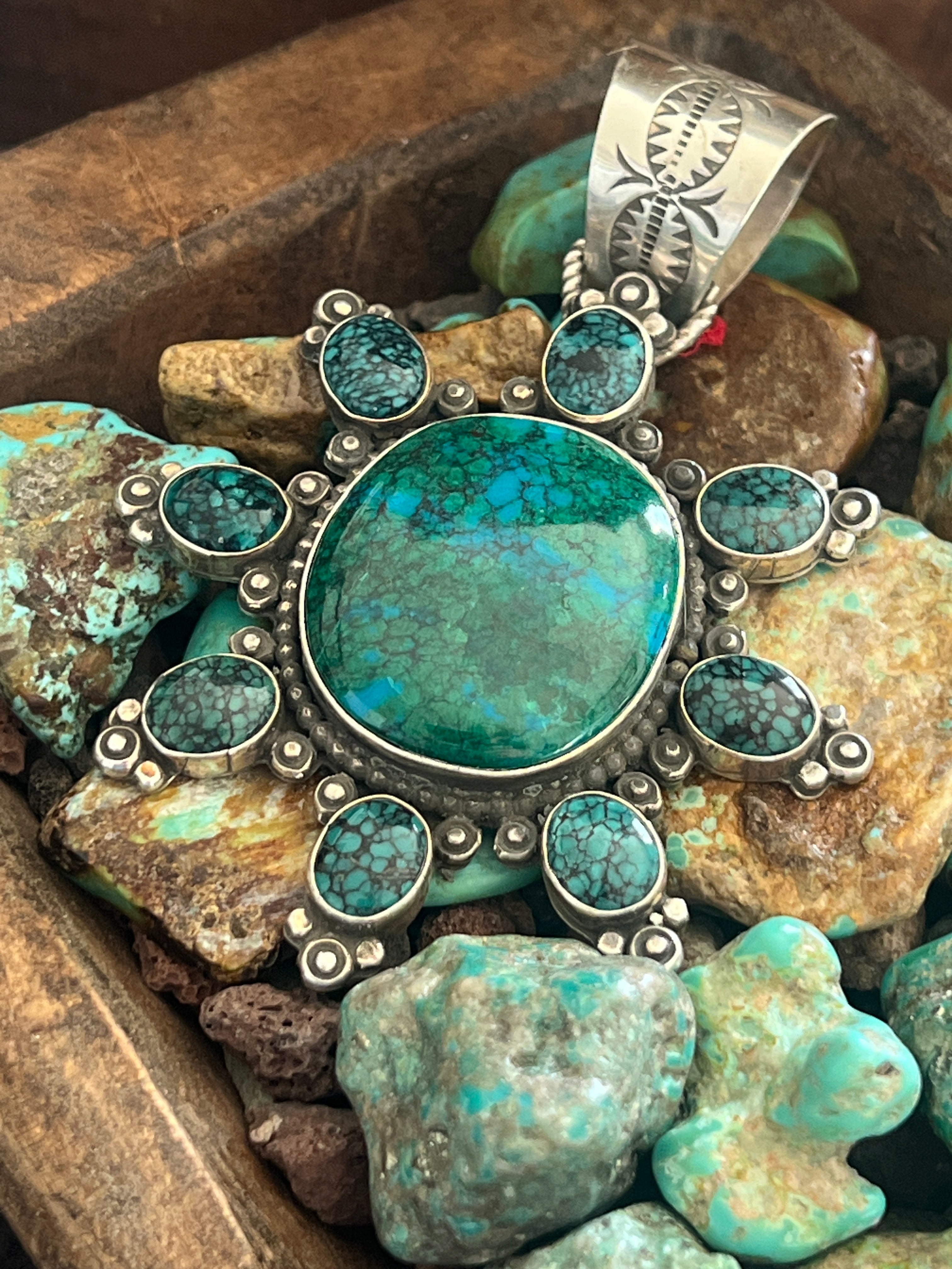 Apache Made Sterling Silver, Hubei Turquoise & Chrysocolla Cluster Pendant by Rosella Paxson