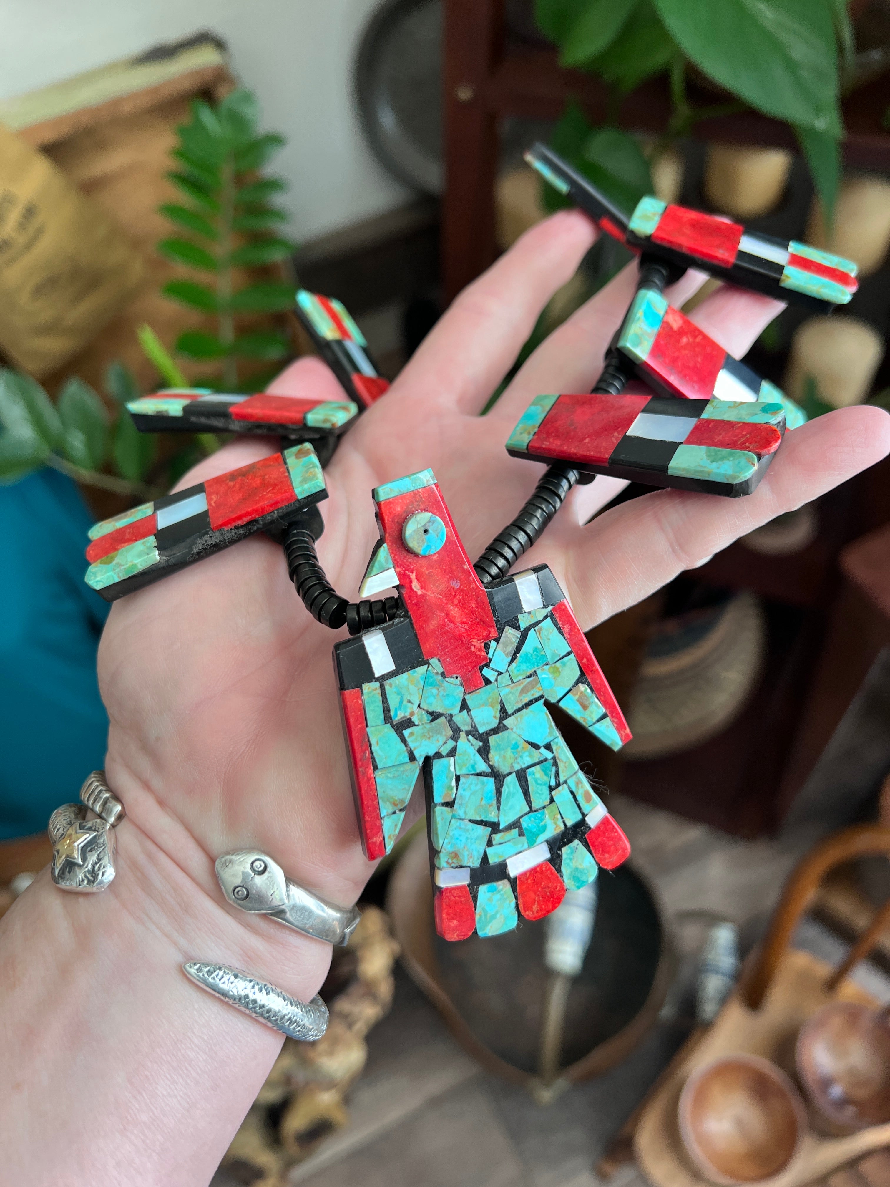 Handcrafted Inlay Turquoise and Apple Coral Thunderbird Tab Necklace & Earrings Set by Warren Nieto