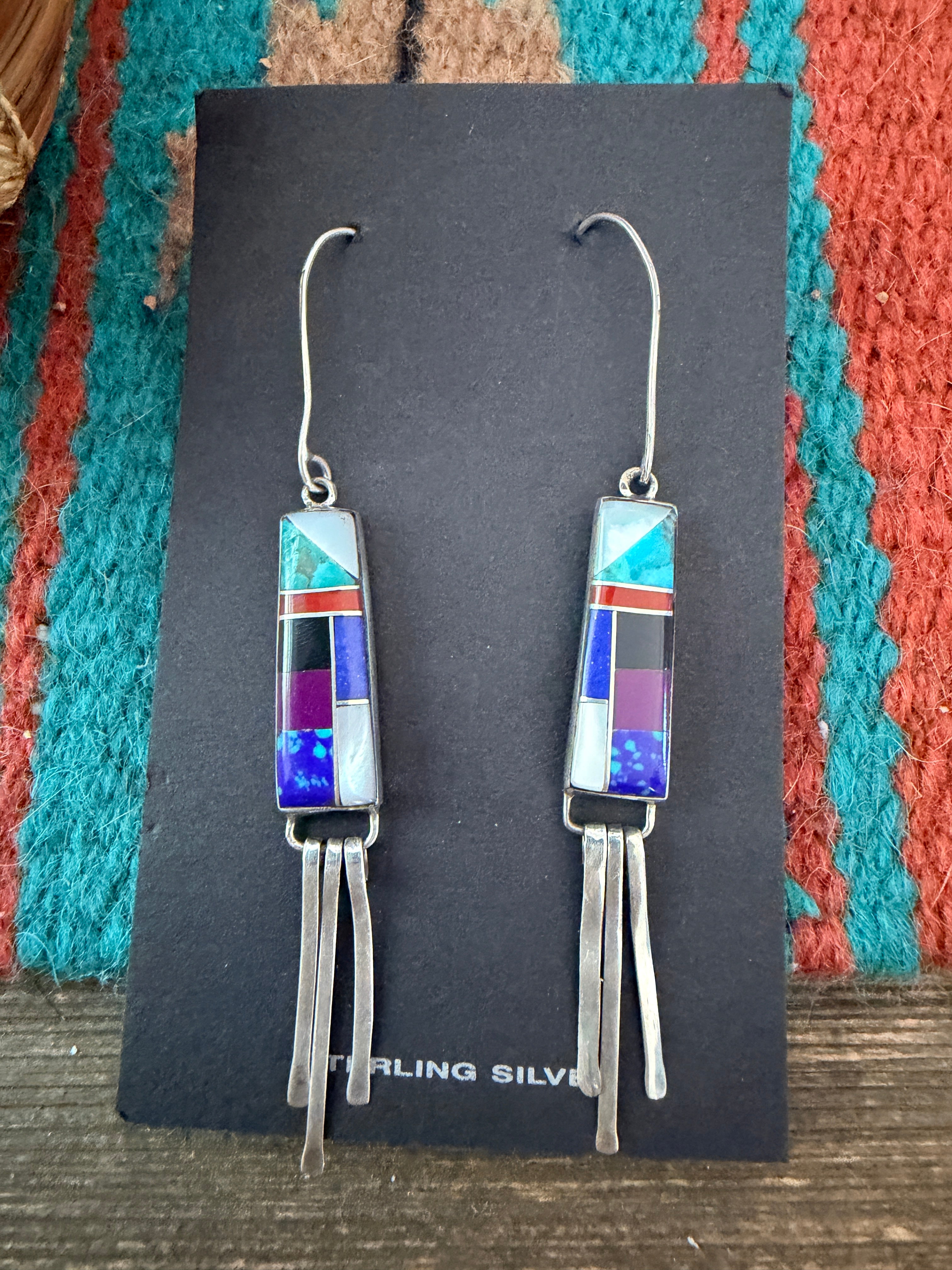 Old Pawn Handcrafted Sterling Silver & Multi Stone Inlay Dangle Earrings