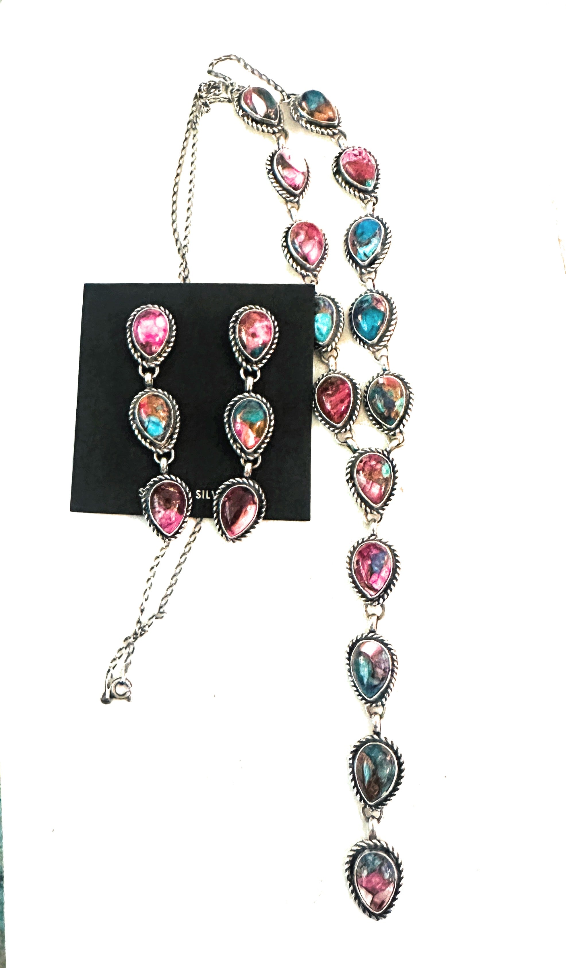 Navajo Sterling Silver & Pink Dream Mojave Lariat Necklace Set