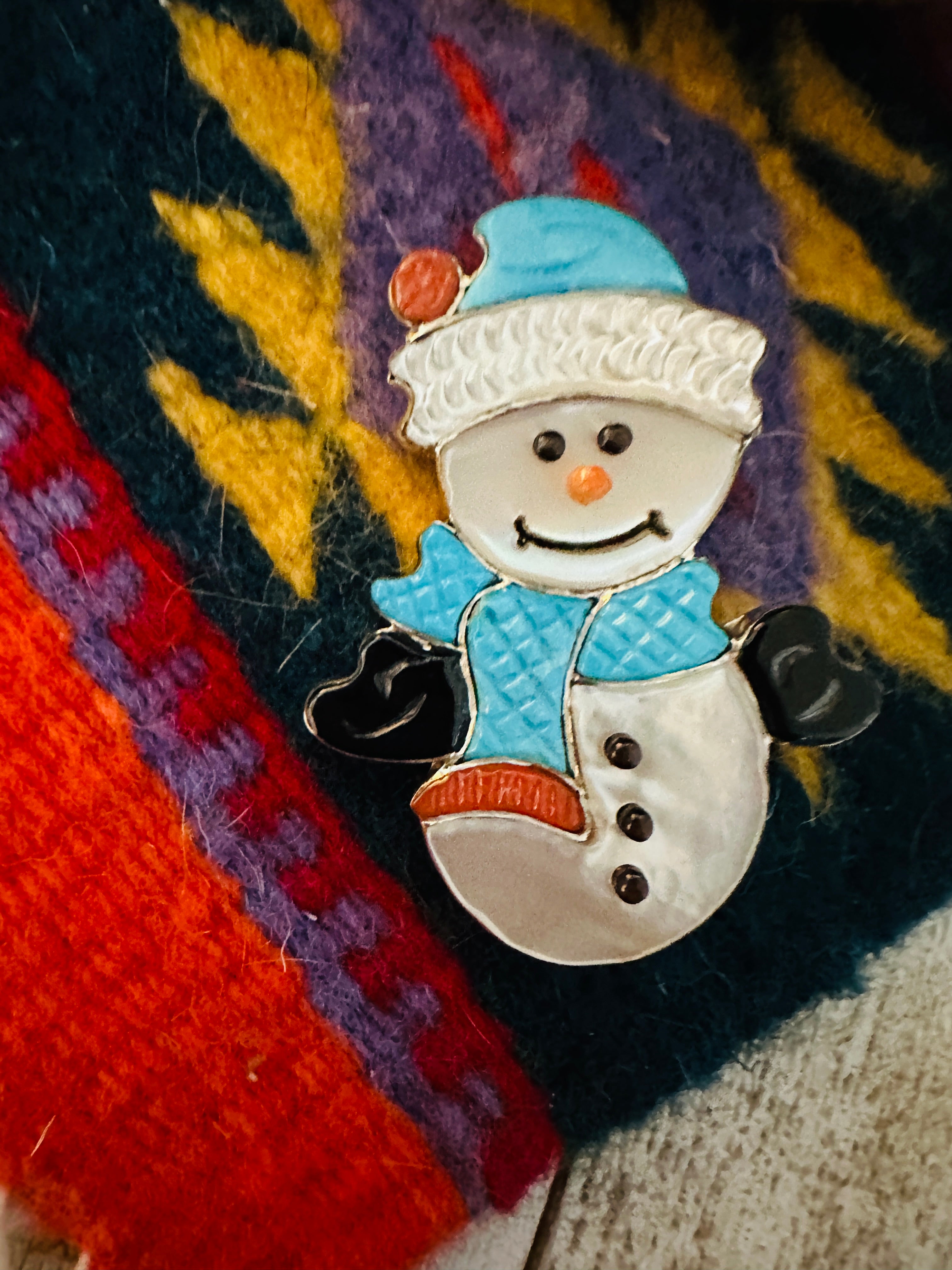 Zuni Multi Stone & Sterling Silver Inlay Snowman Brooch/ Pendant