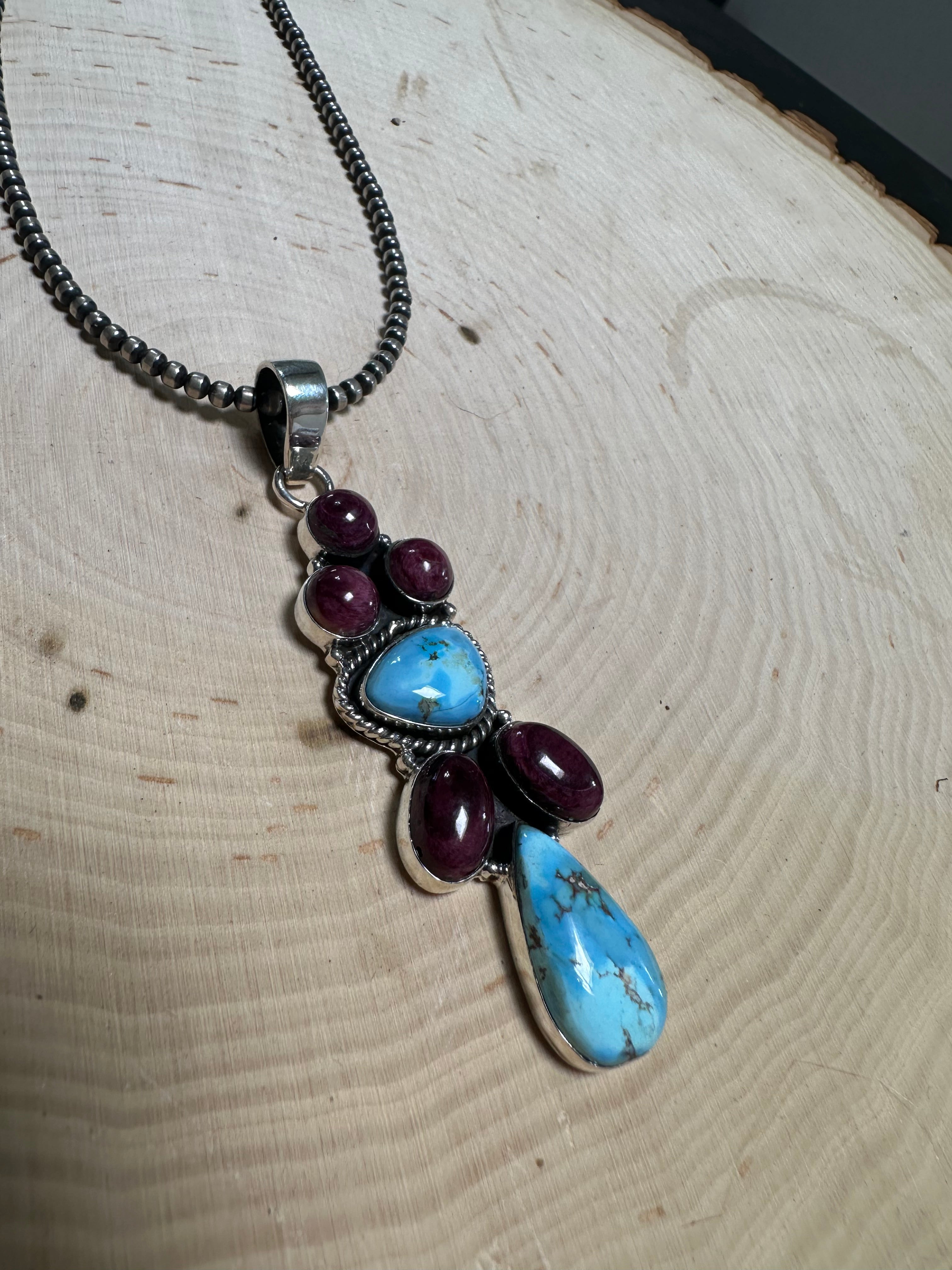 Handmade Sterling Silver, Golden Hills Turquoise, Purple Spiny Pendant Signed Nizhoni