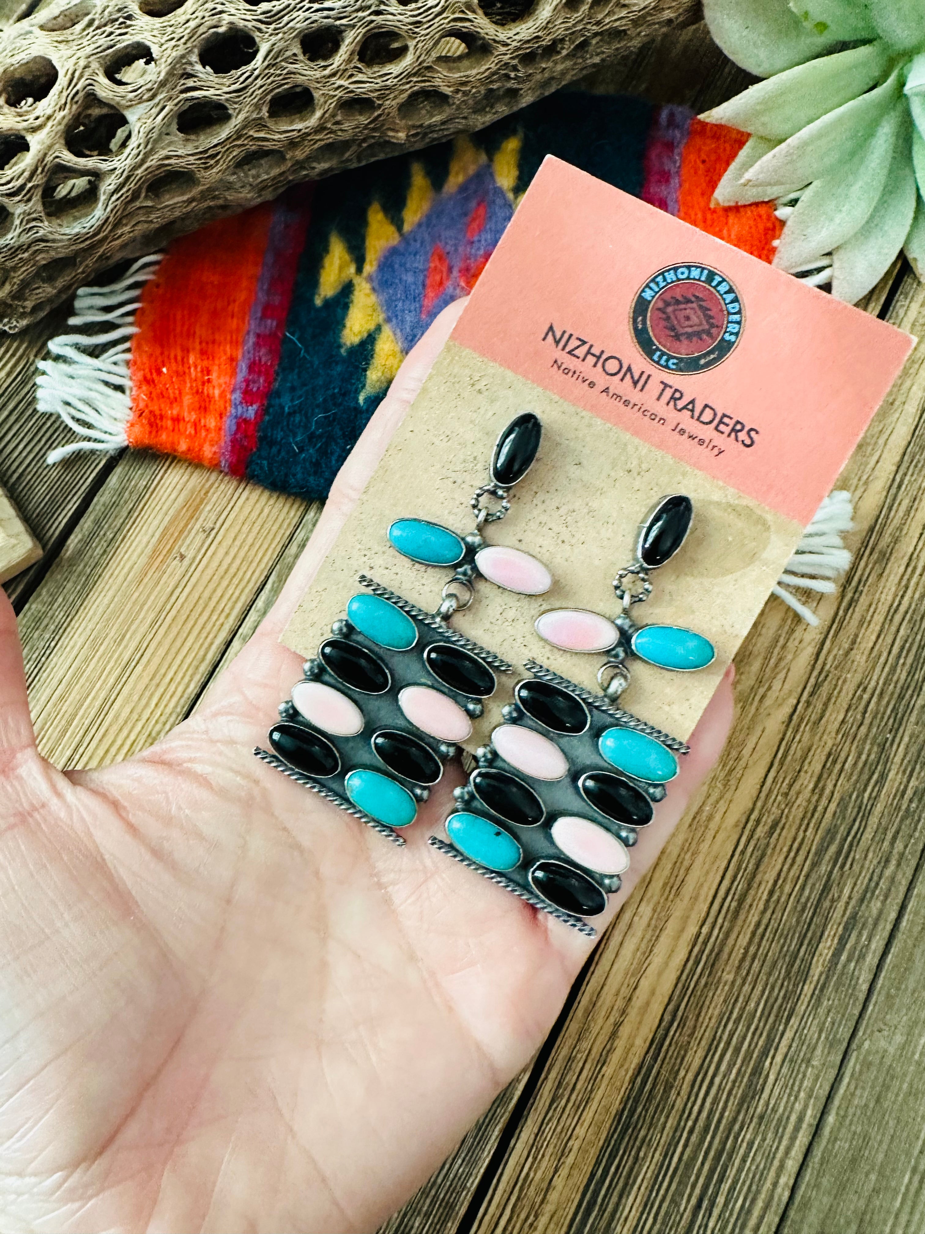 Navajo Queen Pink Conch, Turquoise, Onyx & Sterling Silver Dangle Earrings