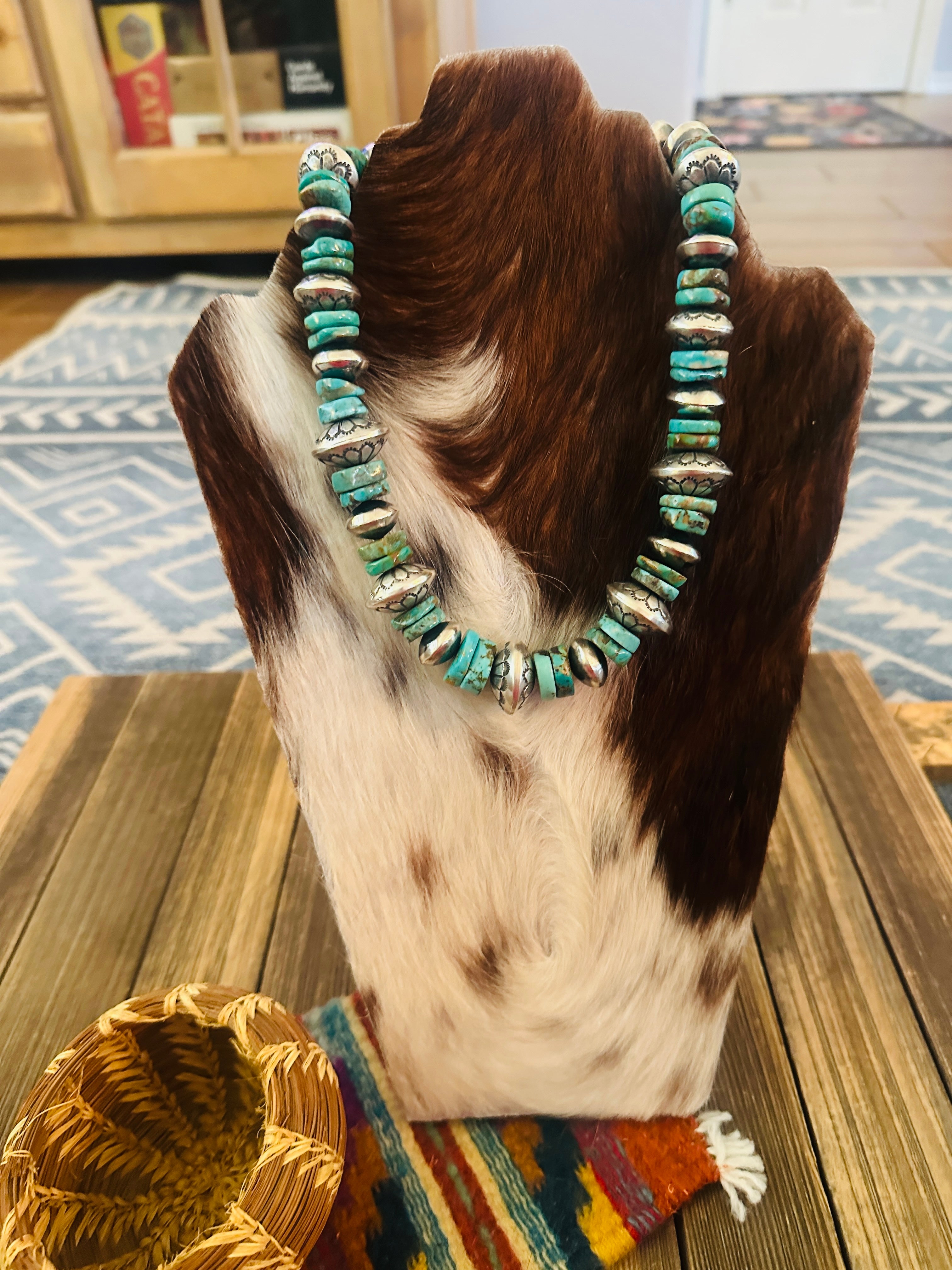 Handcrafted Turquoise & Sterling Silver Beaded 16” Necklace