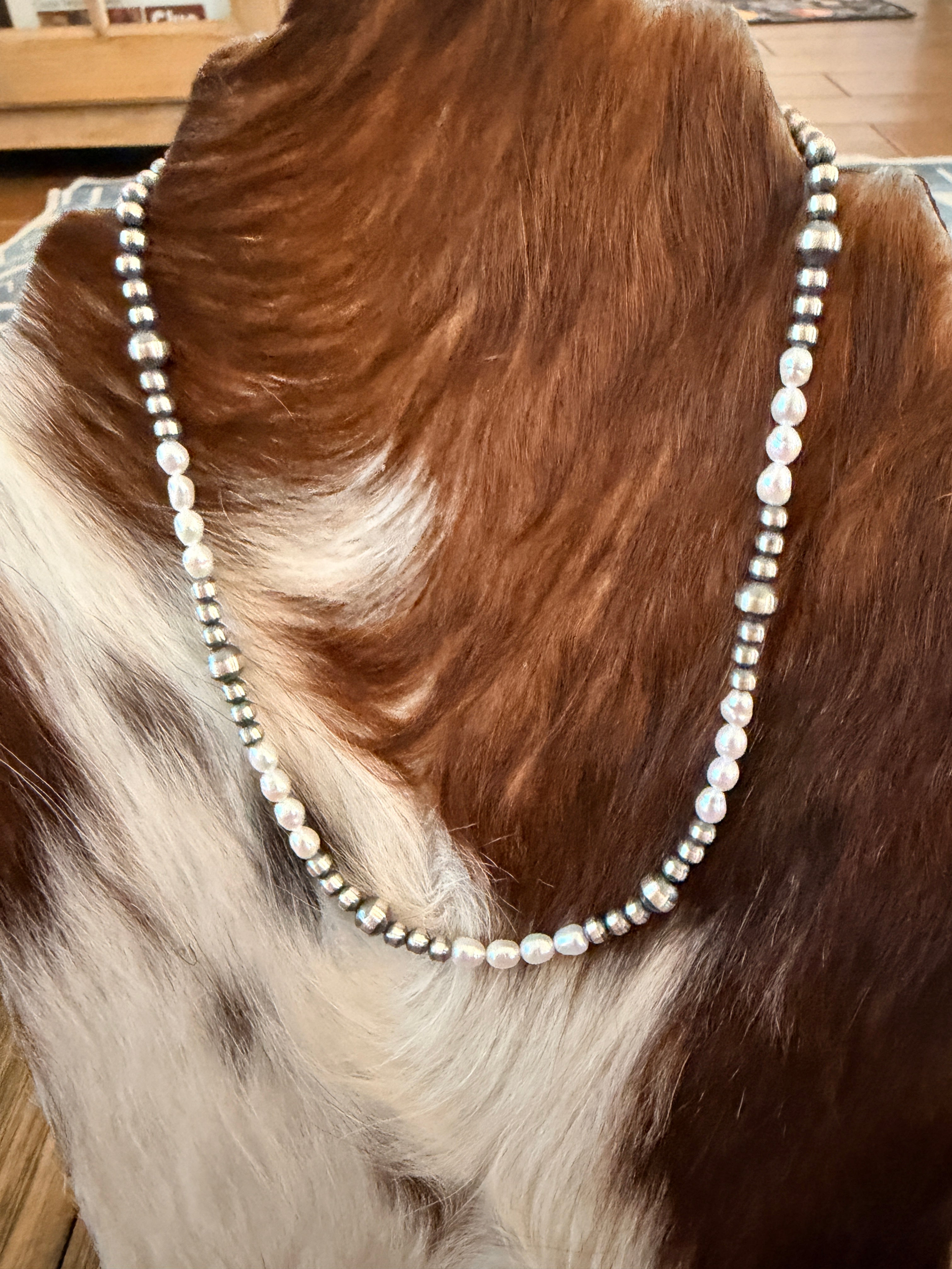 Handcrafted Mother of Pearl and Sterling Silver Pearl Beaded Necklace