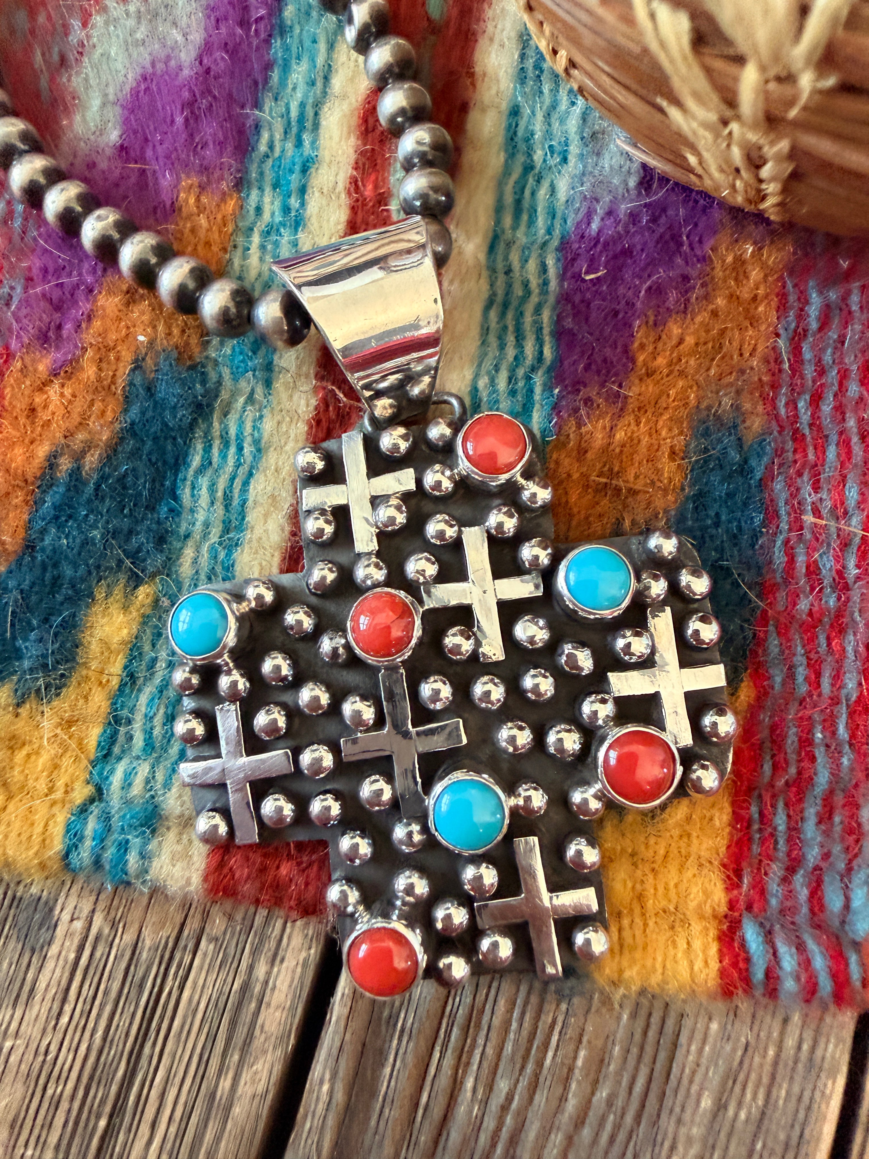 Handcrafted Turquoise, Coral & Sterling Silver Cross Pendant by Geneva Apachito