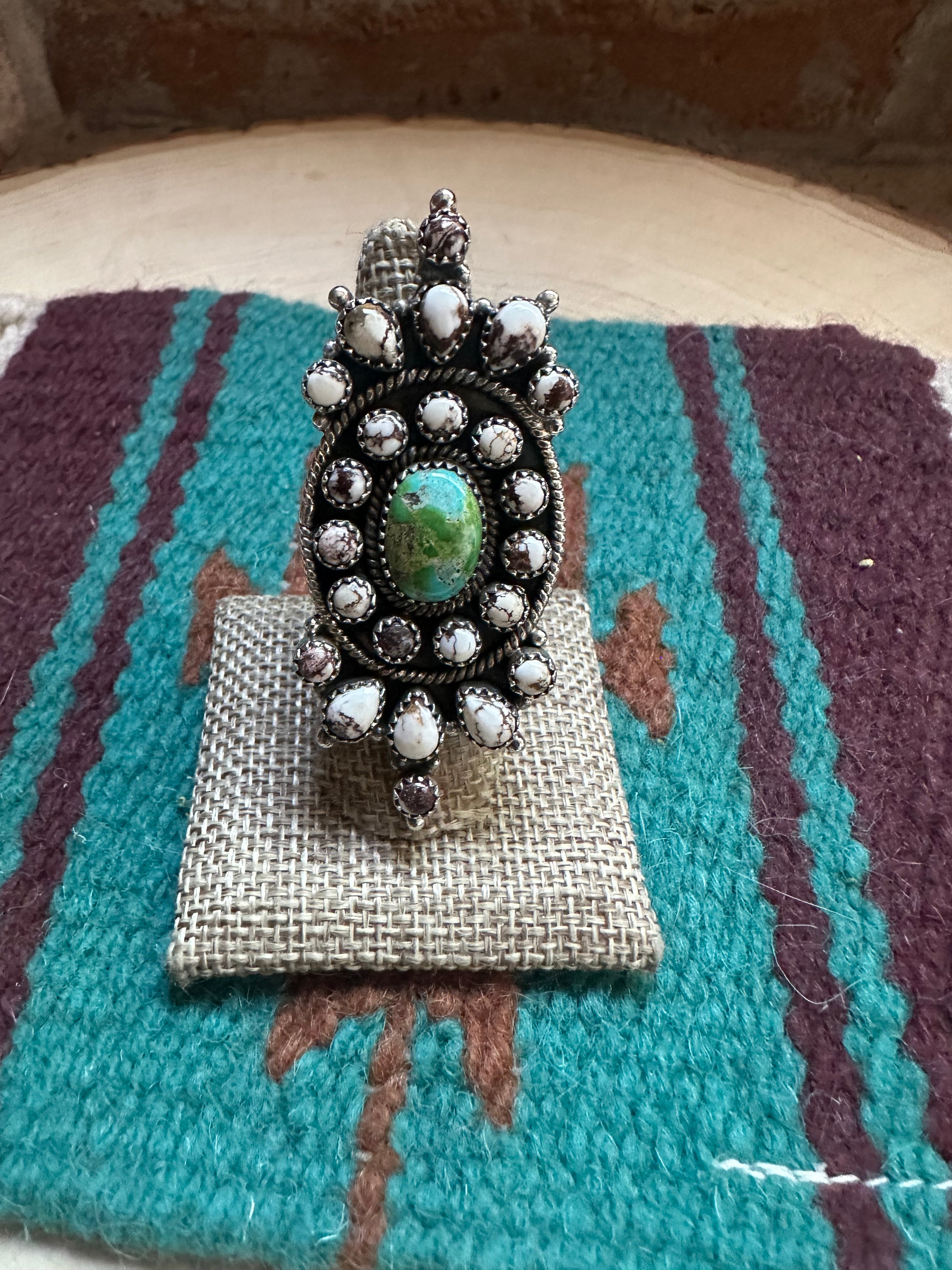 Handmade Sonoran Turquoise, Wild Horse & Sterling Silver Adjustable Ring Signed Nizhoni