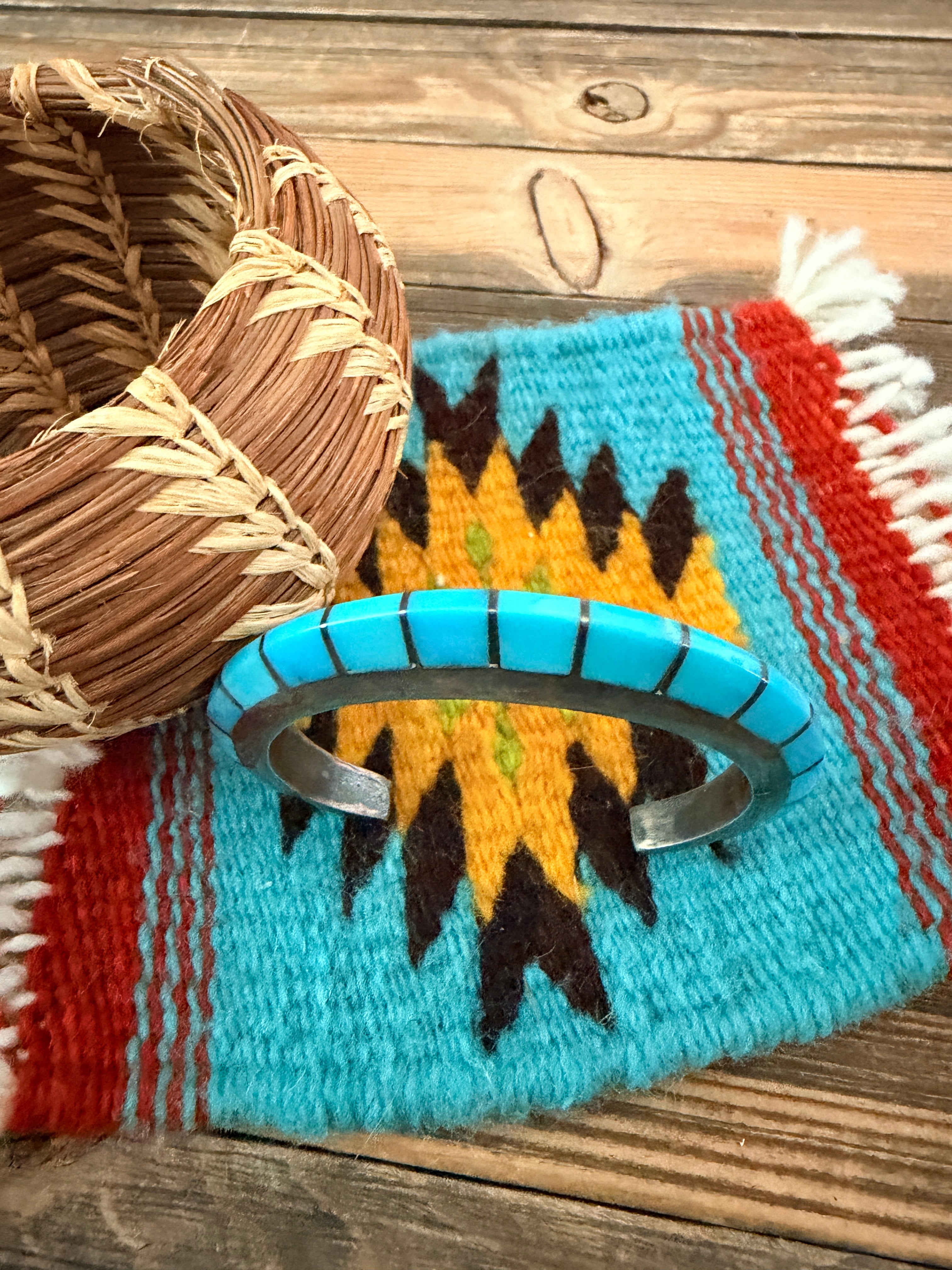 Handcrafted Old Pawn Sterling Silver & Turquoise Raised Inlay Cuff Bracelet