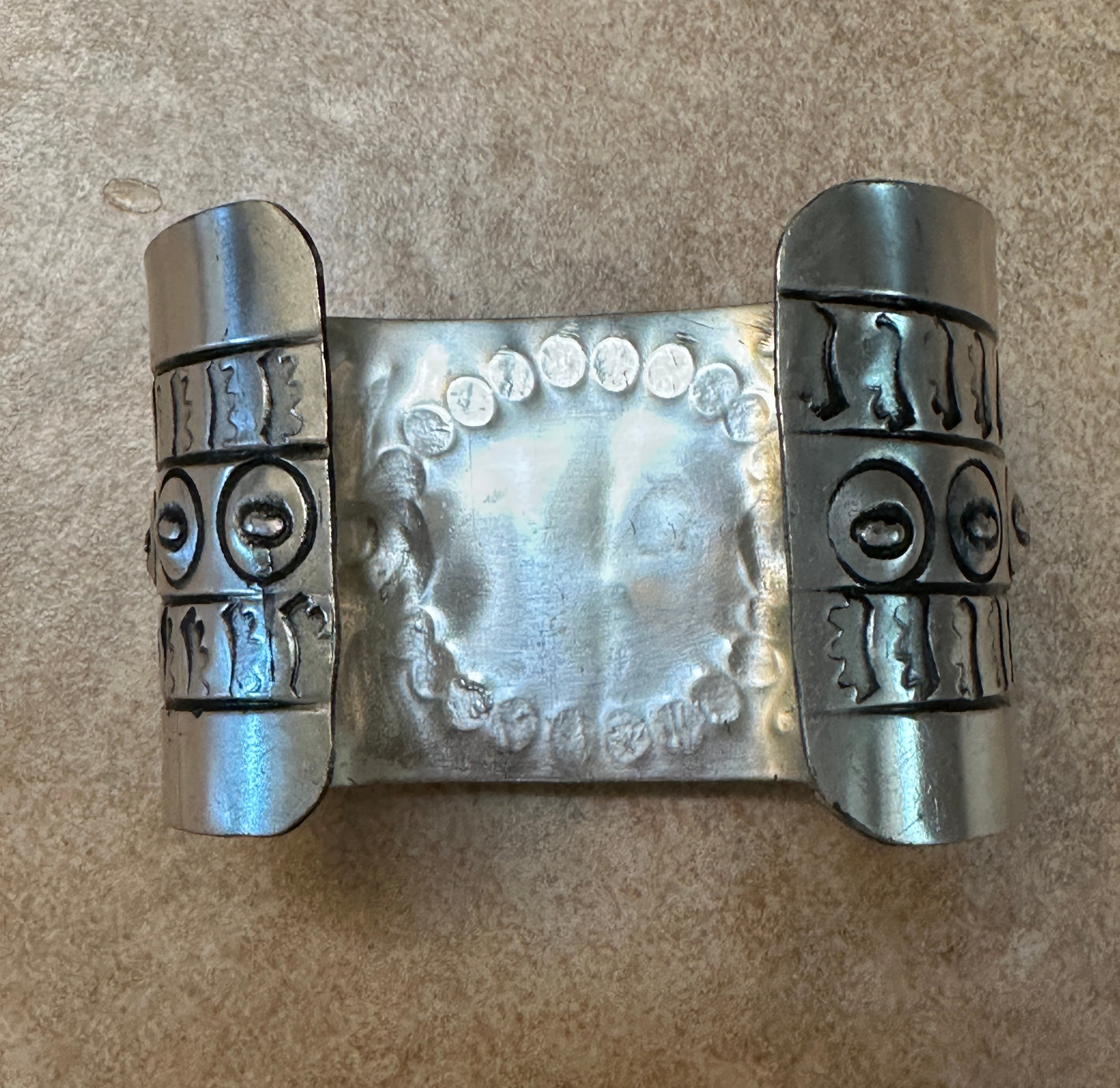 Engraved Silver Plated Cuff Bracelet with Green Stone