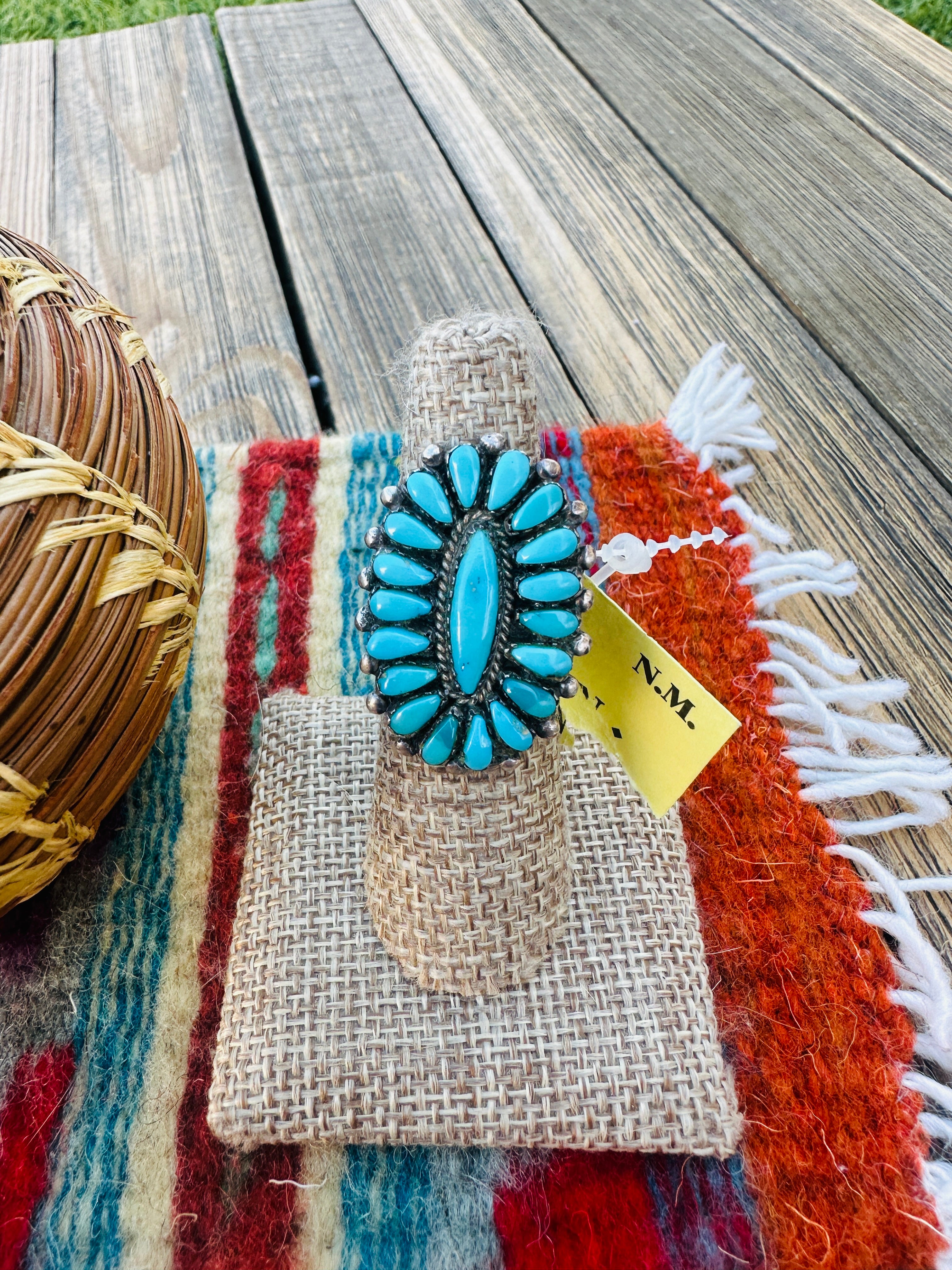 Old Pawn Handcrafted Turquoise & Sterling Silver Cluster Ring Size 7