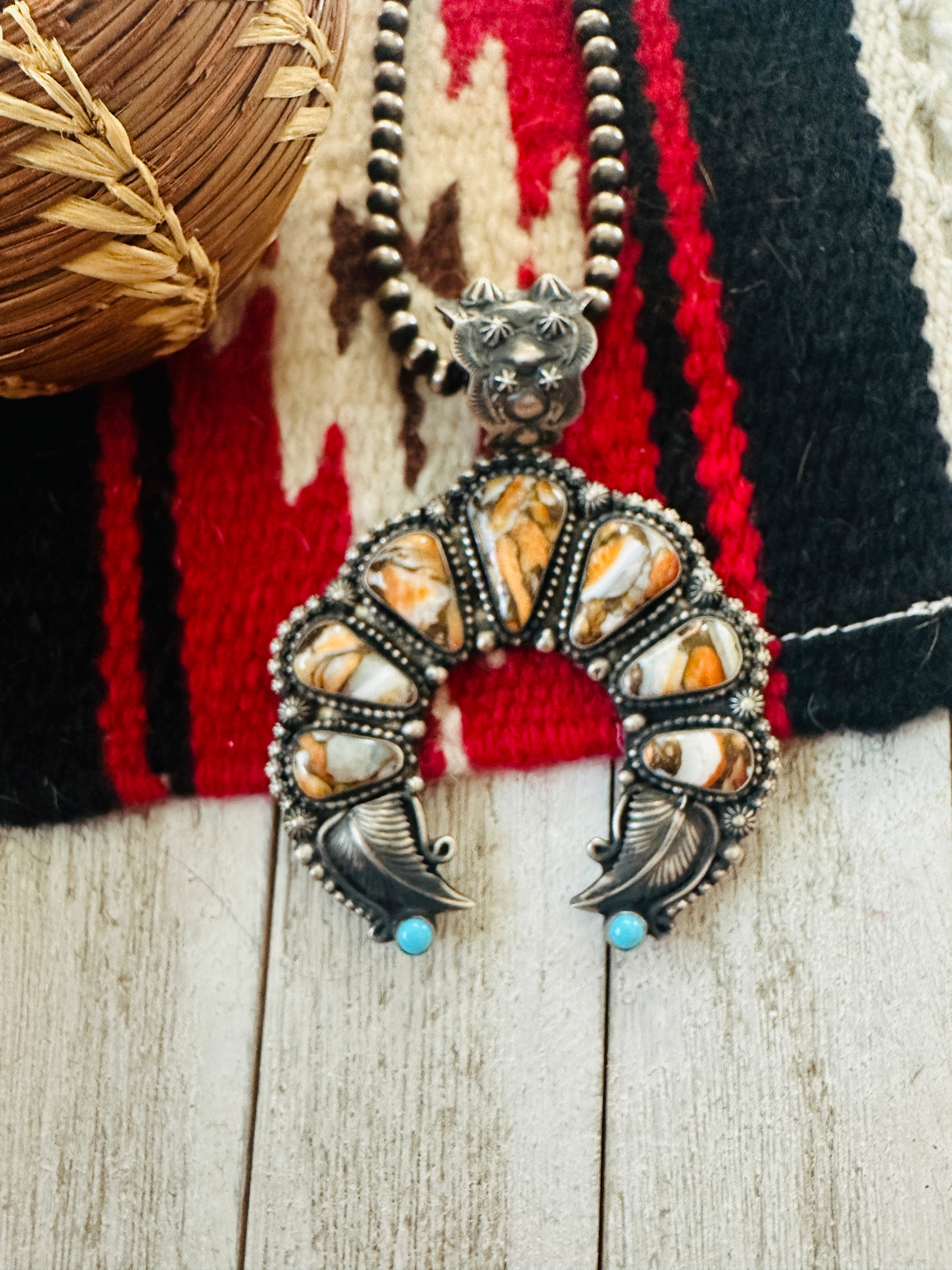 Navajo Sterling Silver, Spice & Turquoise Naja Pendant by Shawn Cayatineto