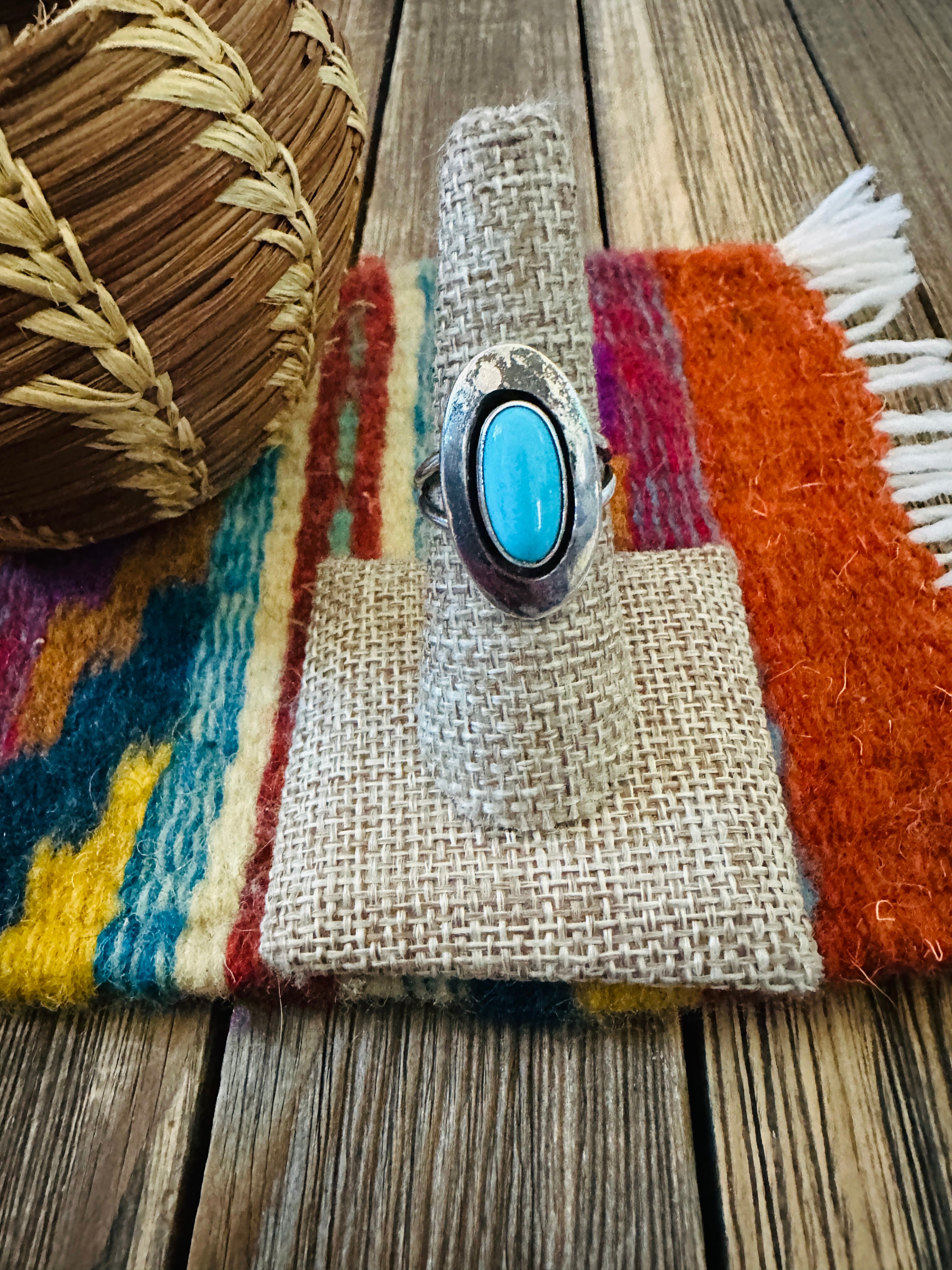 Old Pawn Handcrafted Turquoise & Sterling Silver Ring Size 8