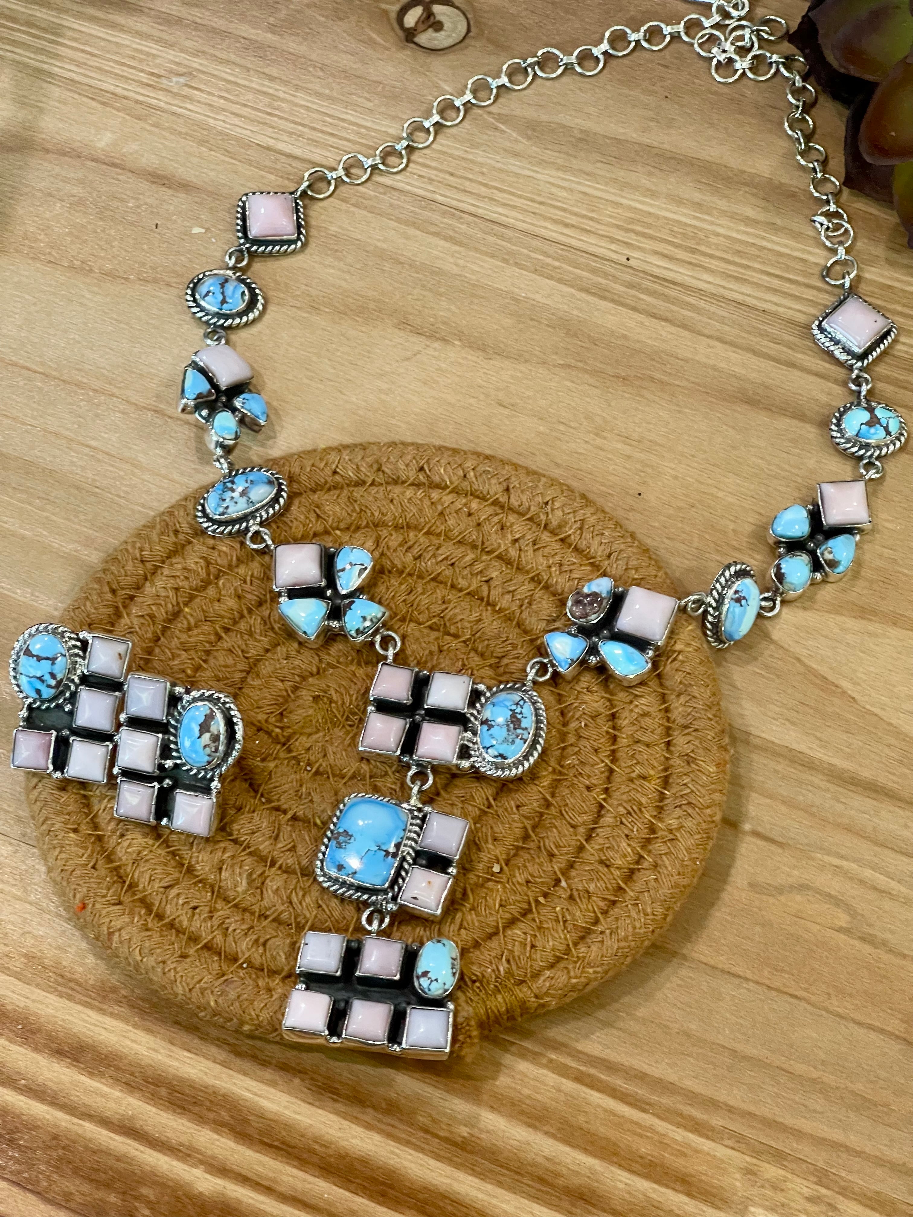 Beautiful Handmade Sterling Silver Golden Hills Turquoise Pink Opal Necklace Set