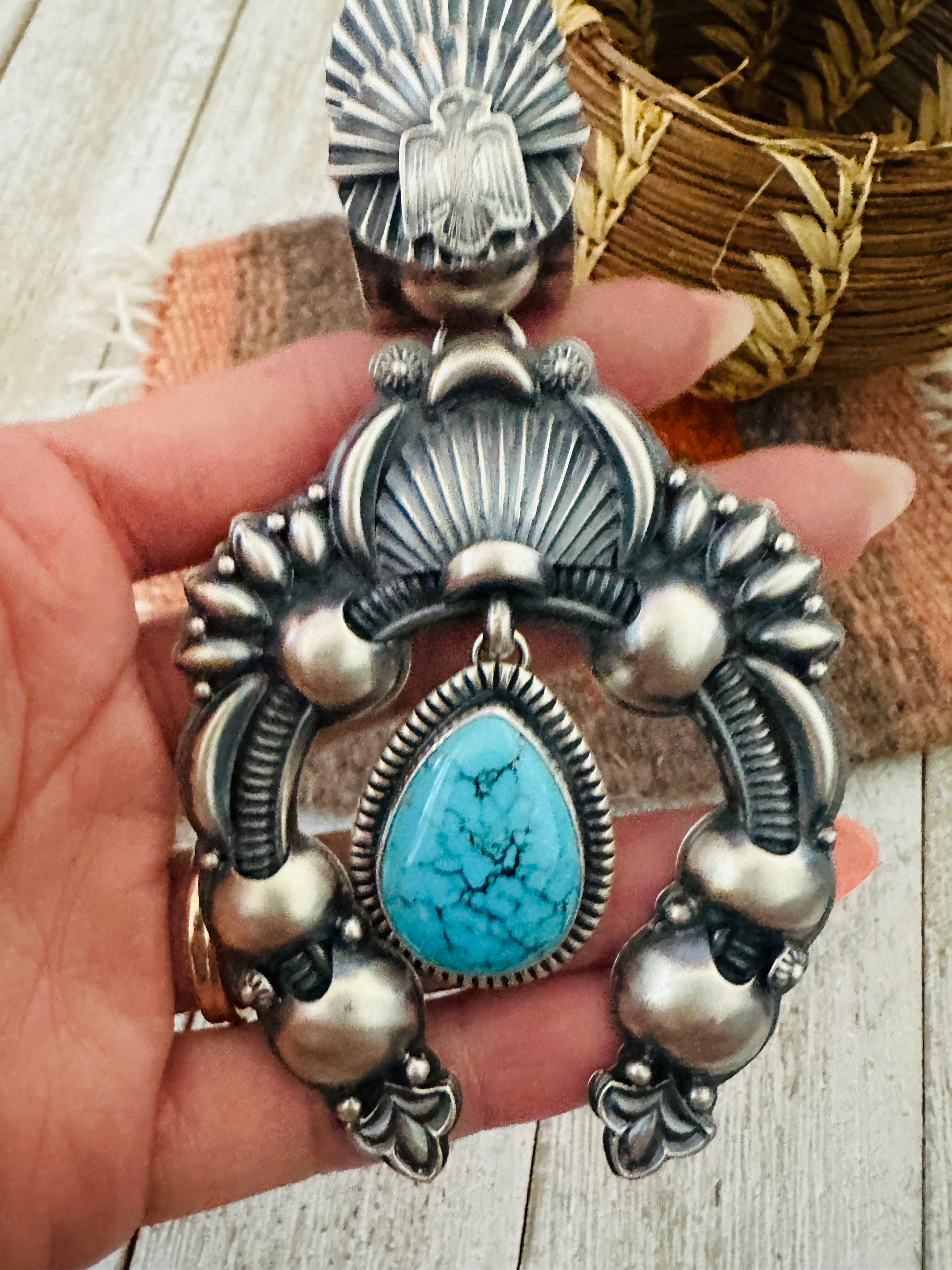 Handcrafted Sterling Silver & Turquoise Naja Pendant by Delbert Gordon