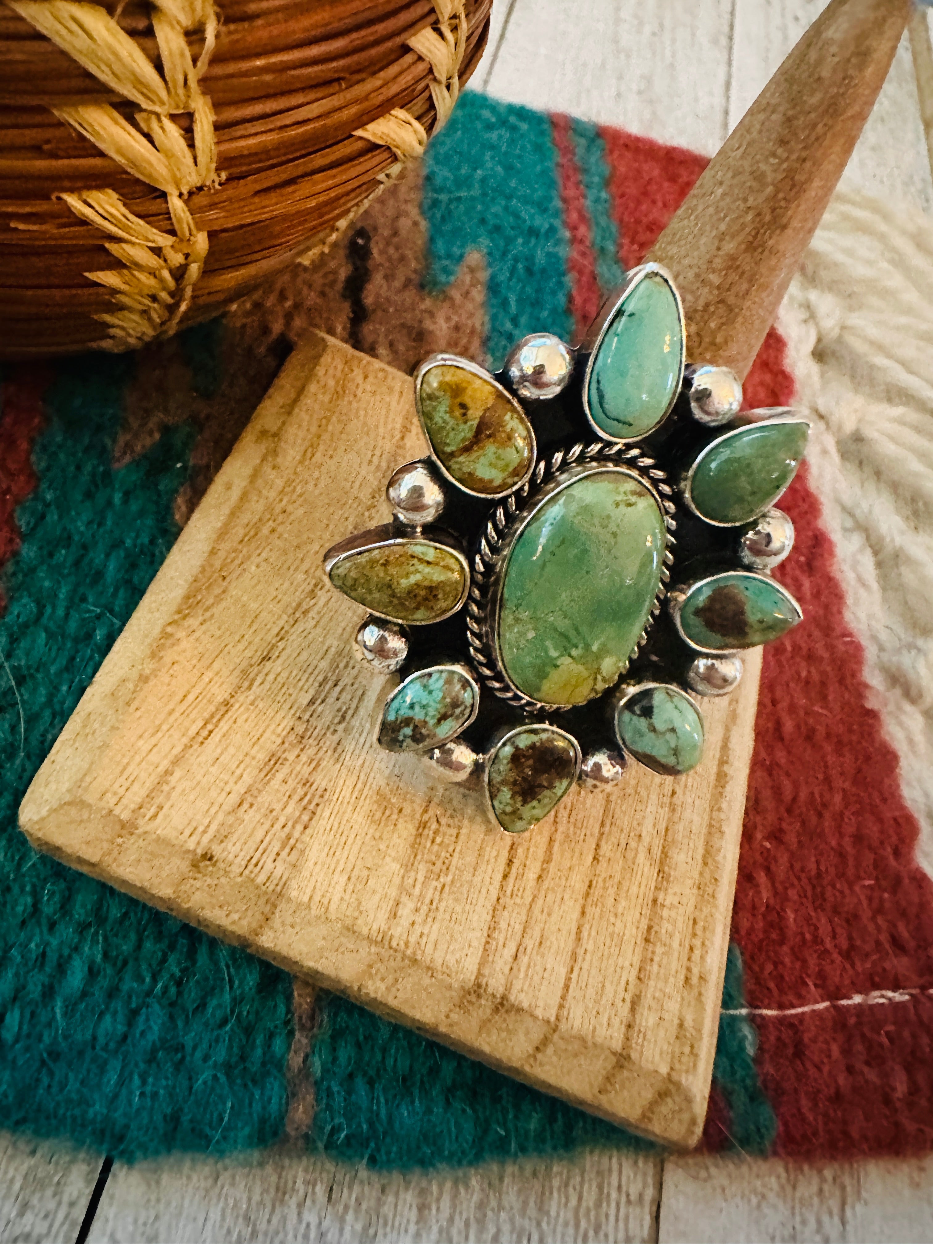 Navajo Sterling Silver & Royston Turquoise Cluster Adjustable Ring