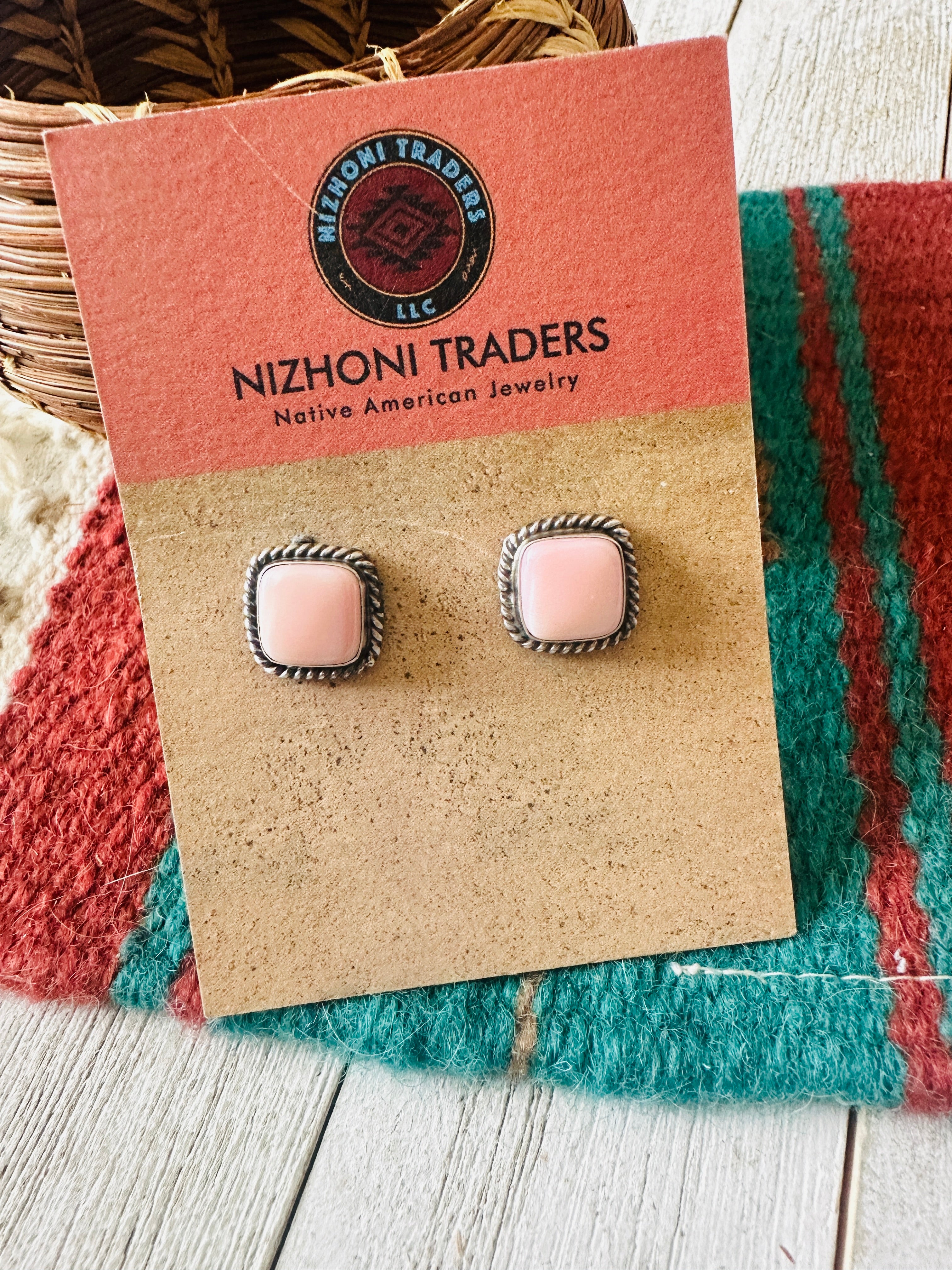 Navajo Sterling Silver & Queen Pink Conch Square Stud Earrings