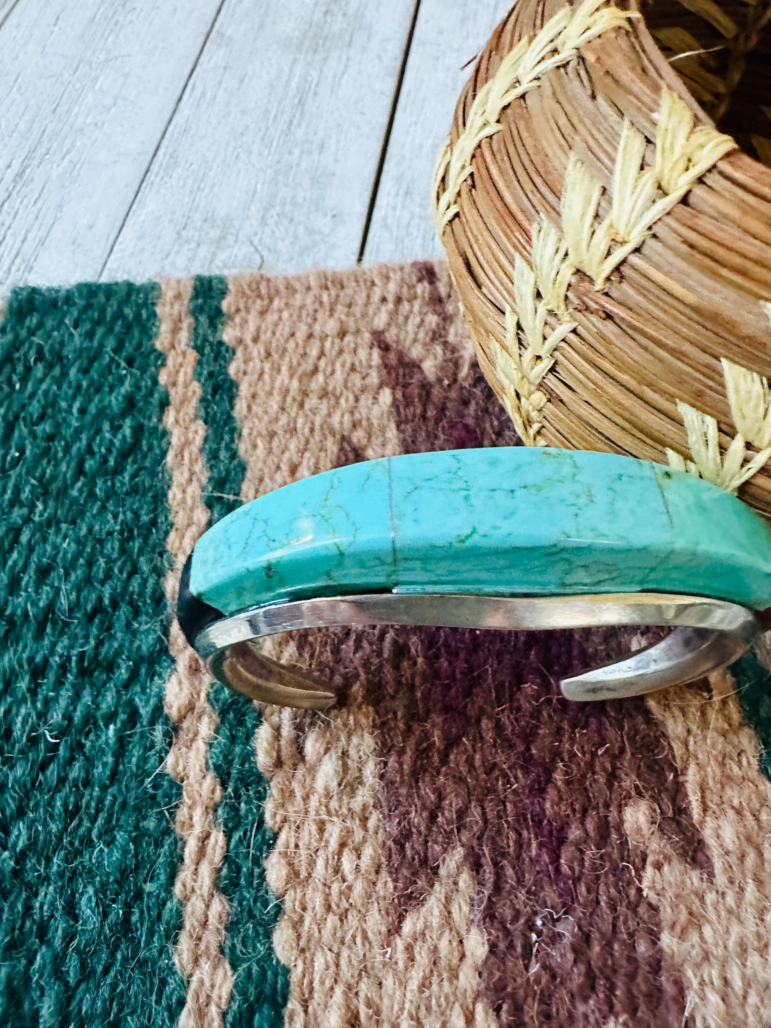 Old Pawn Navajo Sterling Silver, Turquoise, Onyx & Coral Cuff Bracelet