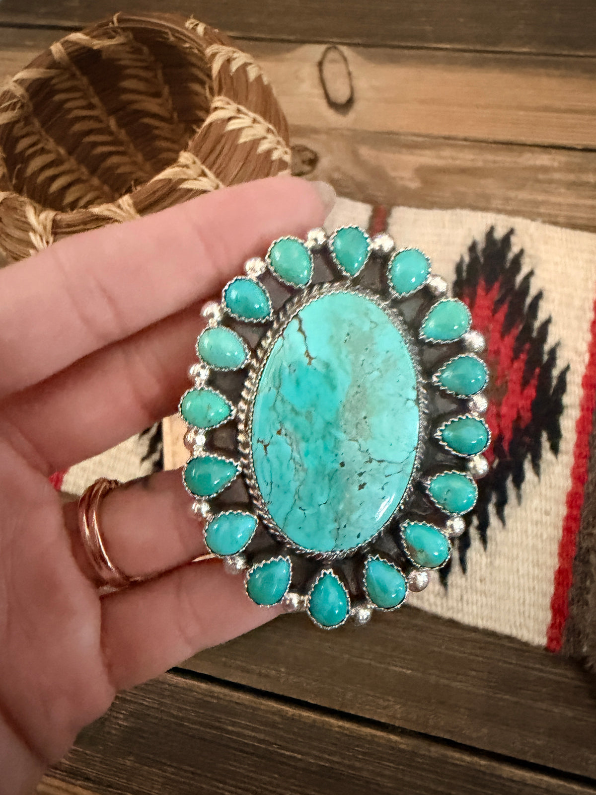Handcrafted Kingman Turquoise & Sterling Silver Cluster Adjustable Ring
