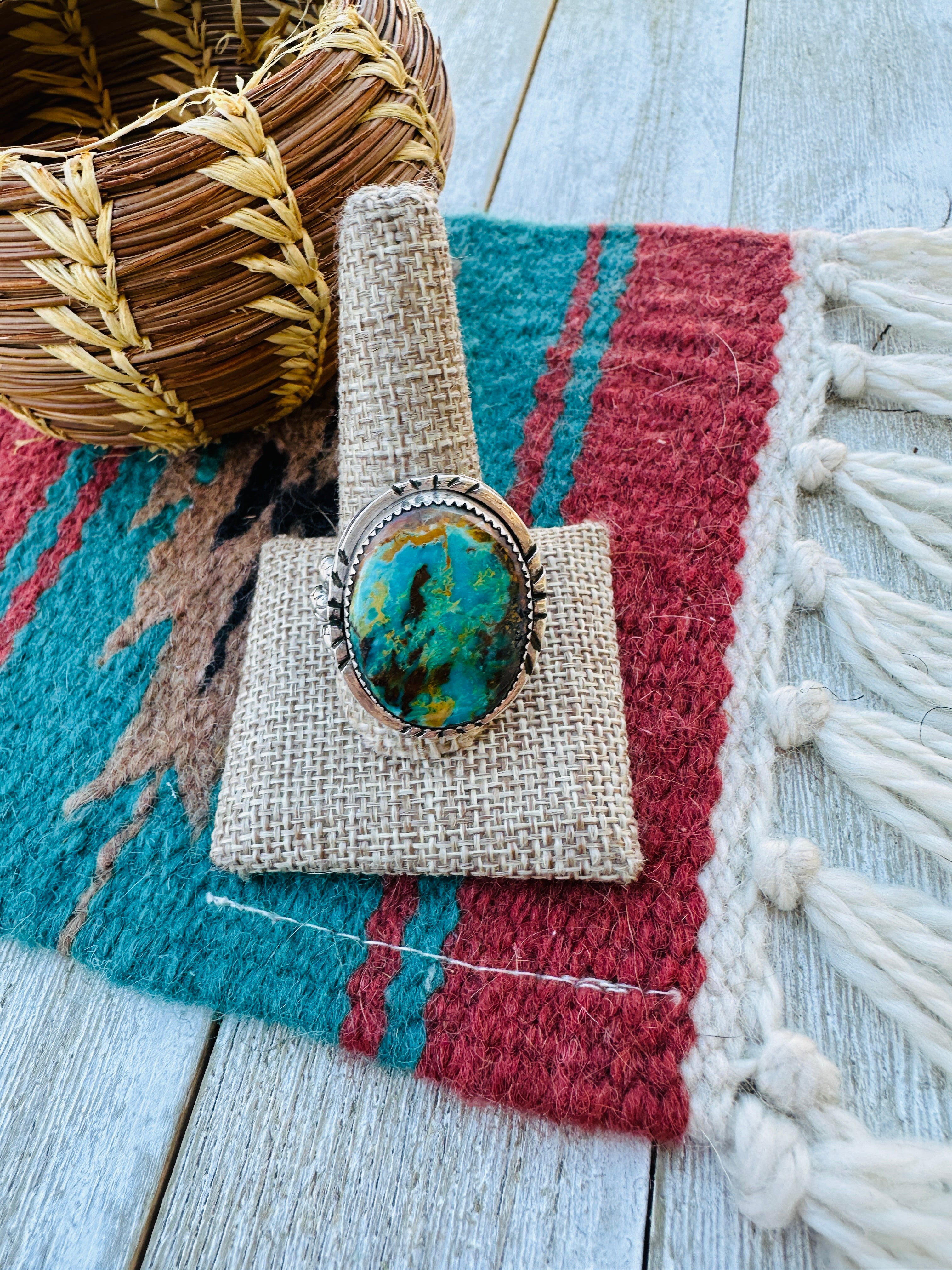 Handcrafted Turquoise & Sterling Silver Ring Size 12