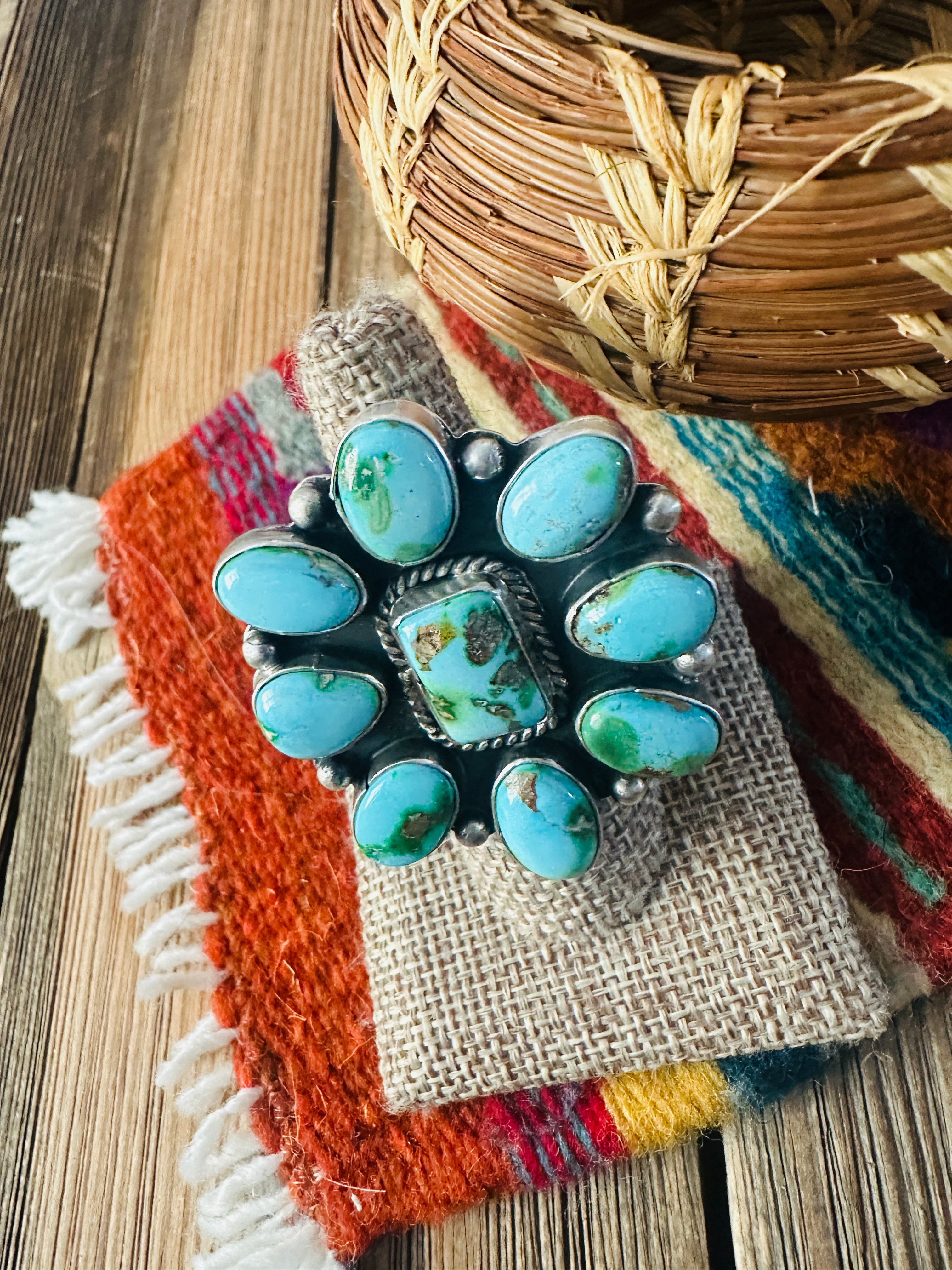 Handcrafted Sonoran Mountain Turquoise & Sterling Silver Adjustable Cluster Ring