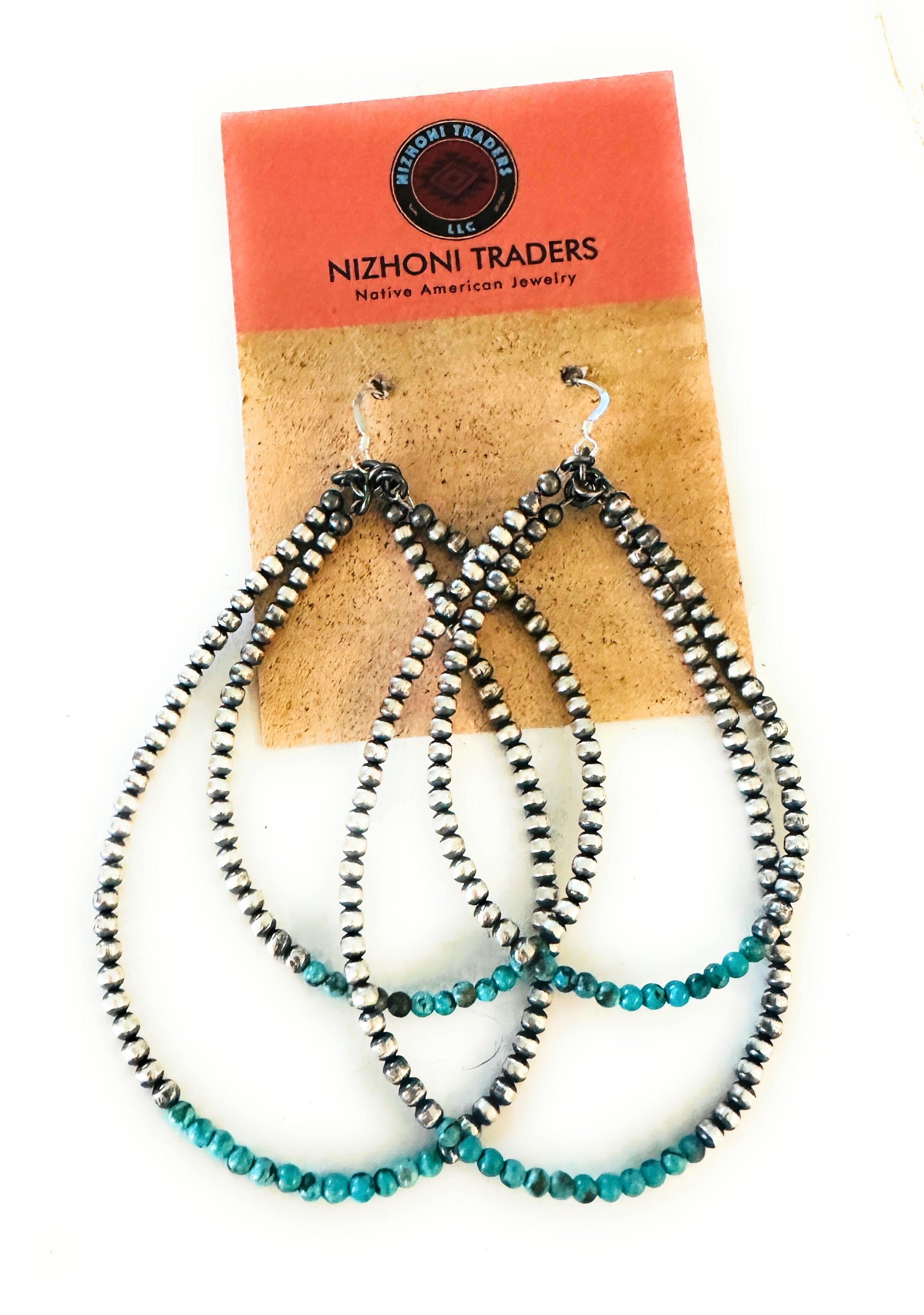 Navajo Turquoise & Sterling Silver Beaded Double Hoop Dangle Earrings