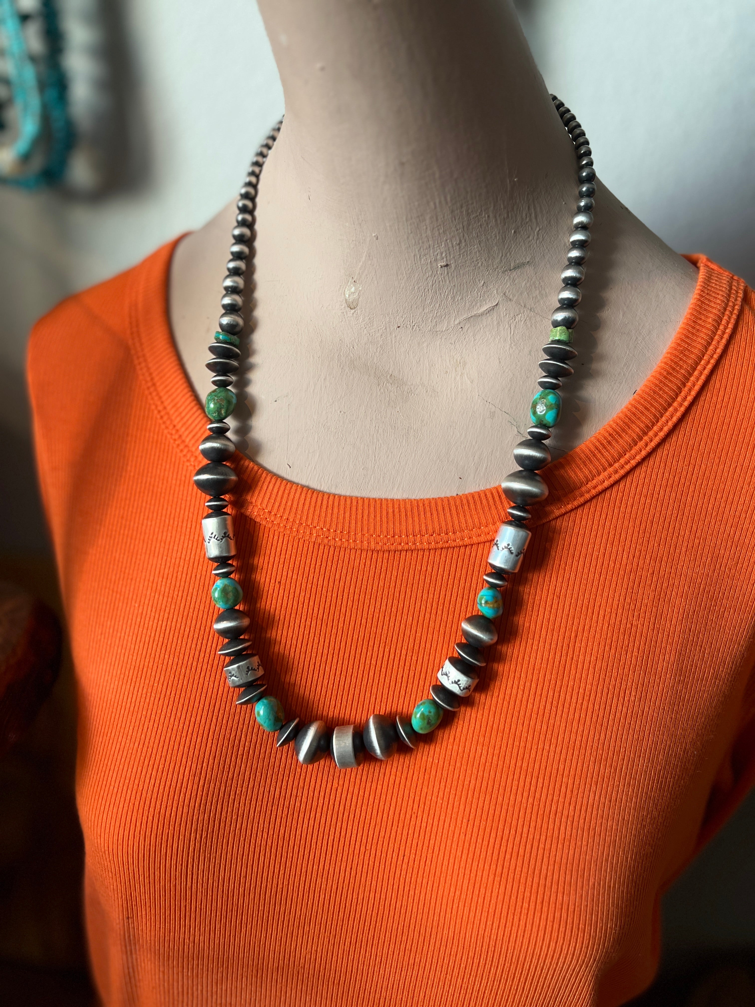Handcrafted Sterling Silver and Sonoran Mountain Turquoise and Beaded Necklace by Rose Martin, 24 + 1 Inches