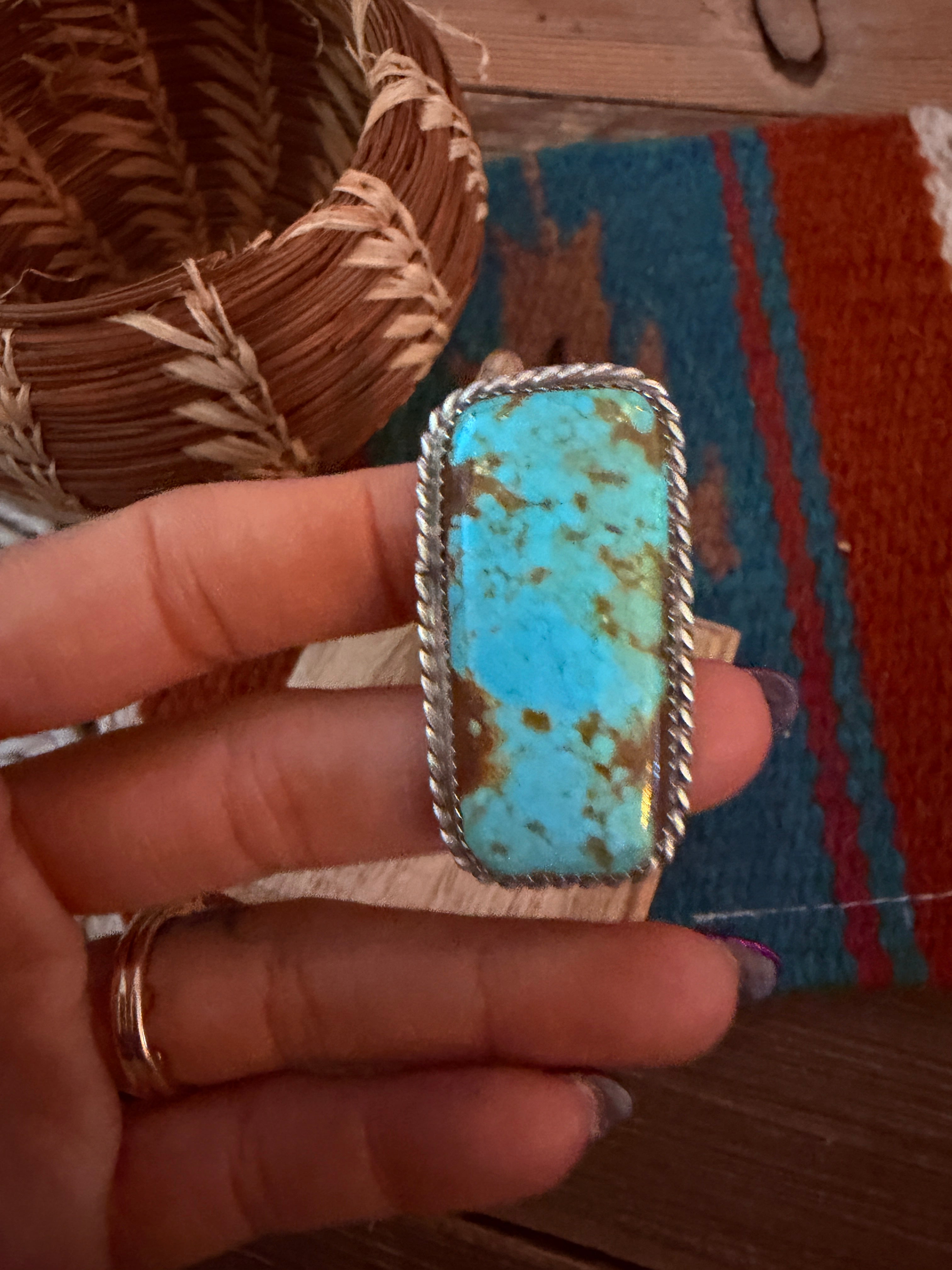 Handcrafted Royston Turquoise & Sterling Silver Ring Size 10 by Leslie Nez