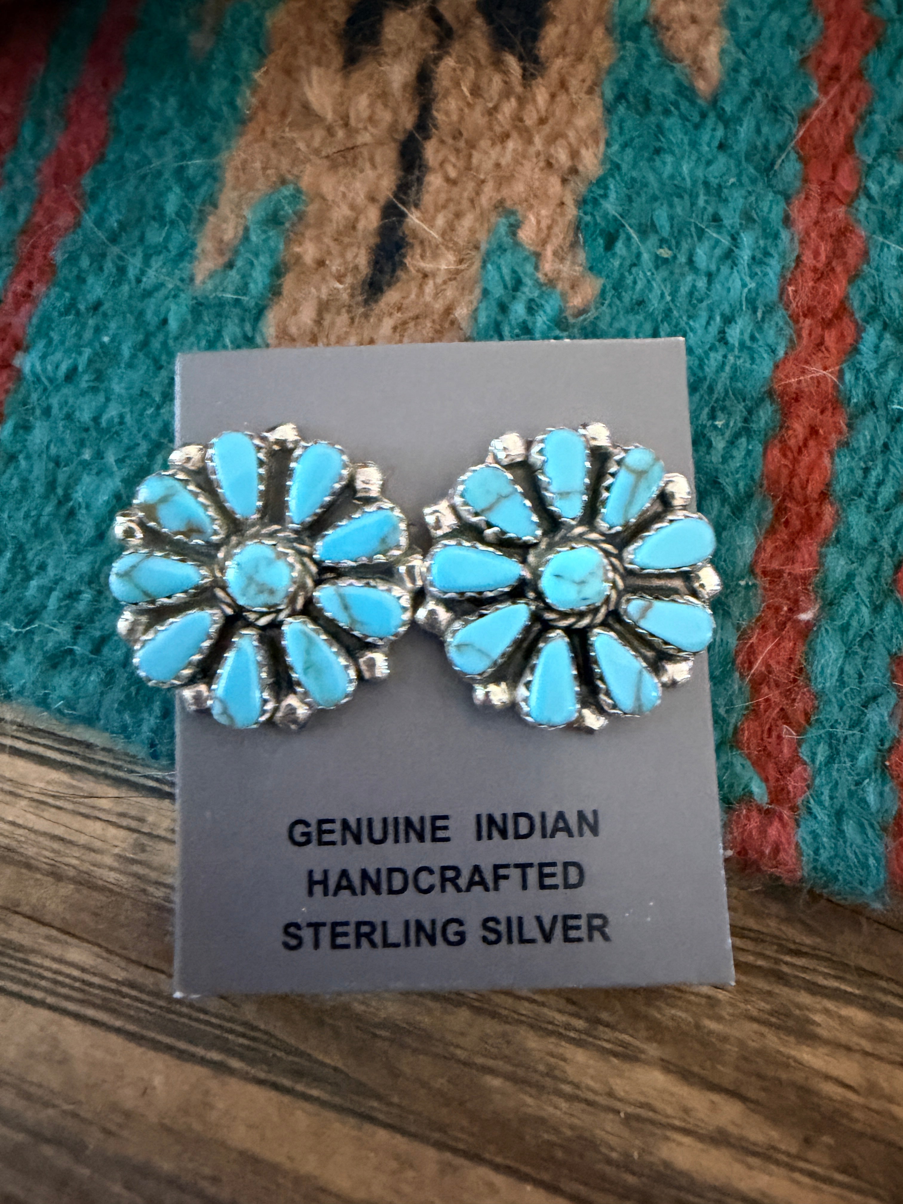 Handcrafted Turquoise & Sterling Silver Cluster Post Earrings